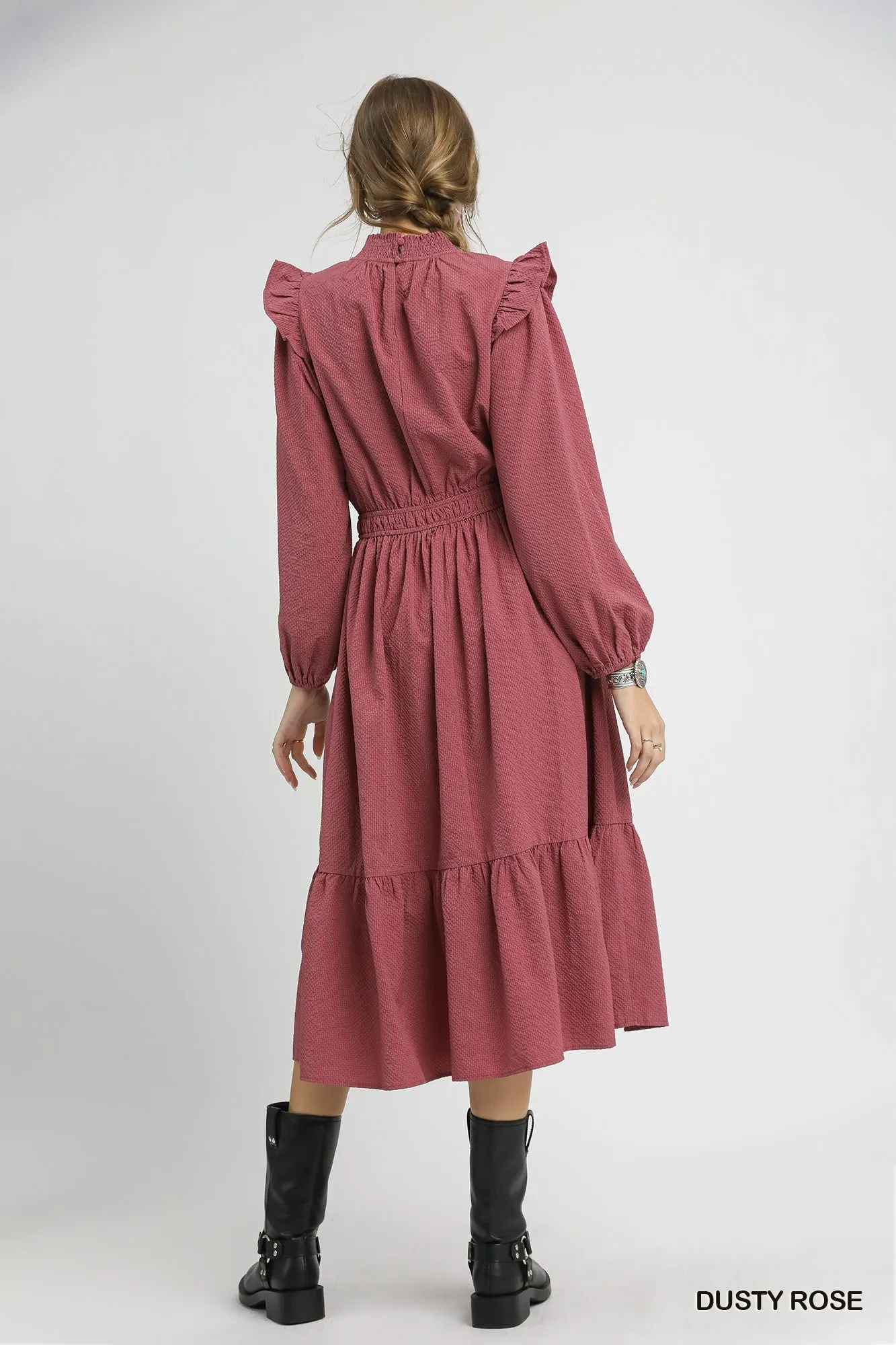 Umgee Textured Midi Dress with Ruffle Shoulder Detail - Image 5