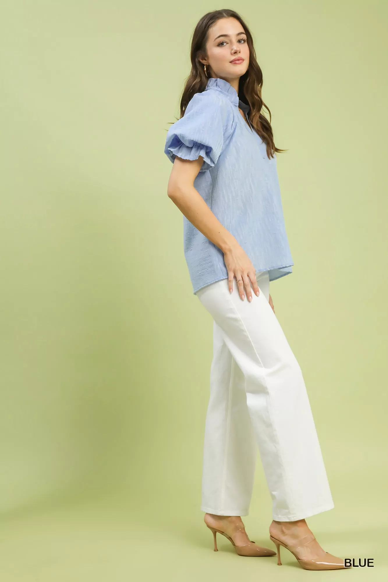 Umgee Textured Puff Sleeve Split Neck Top - Image 2