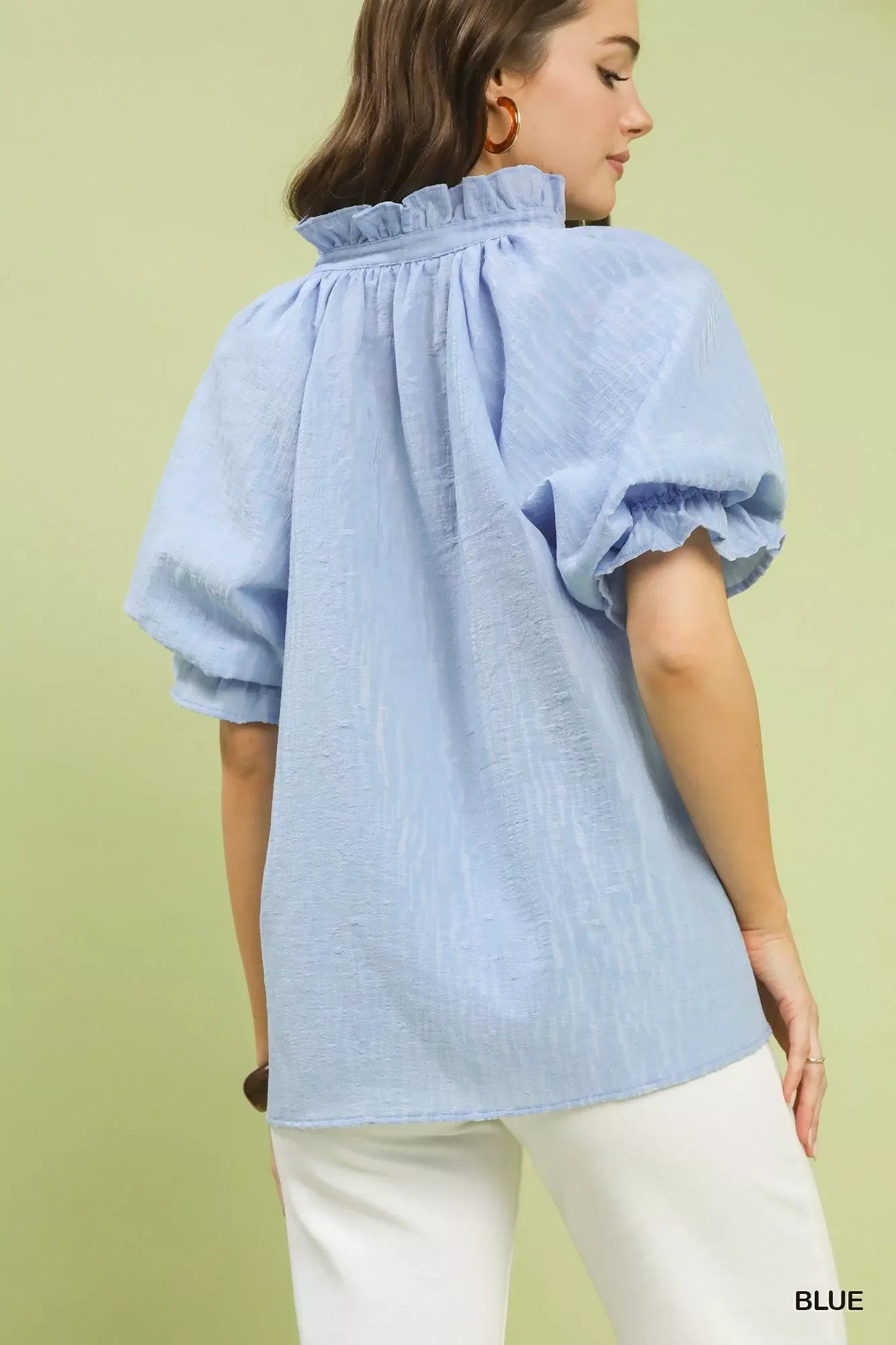 Umgee Textured Puff Sleeve Split Neck Top - Image 3