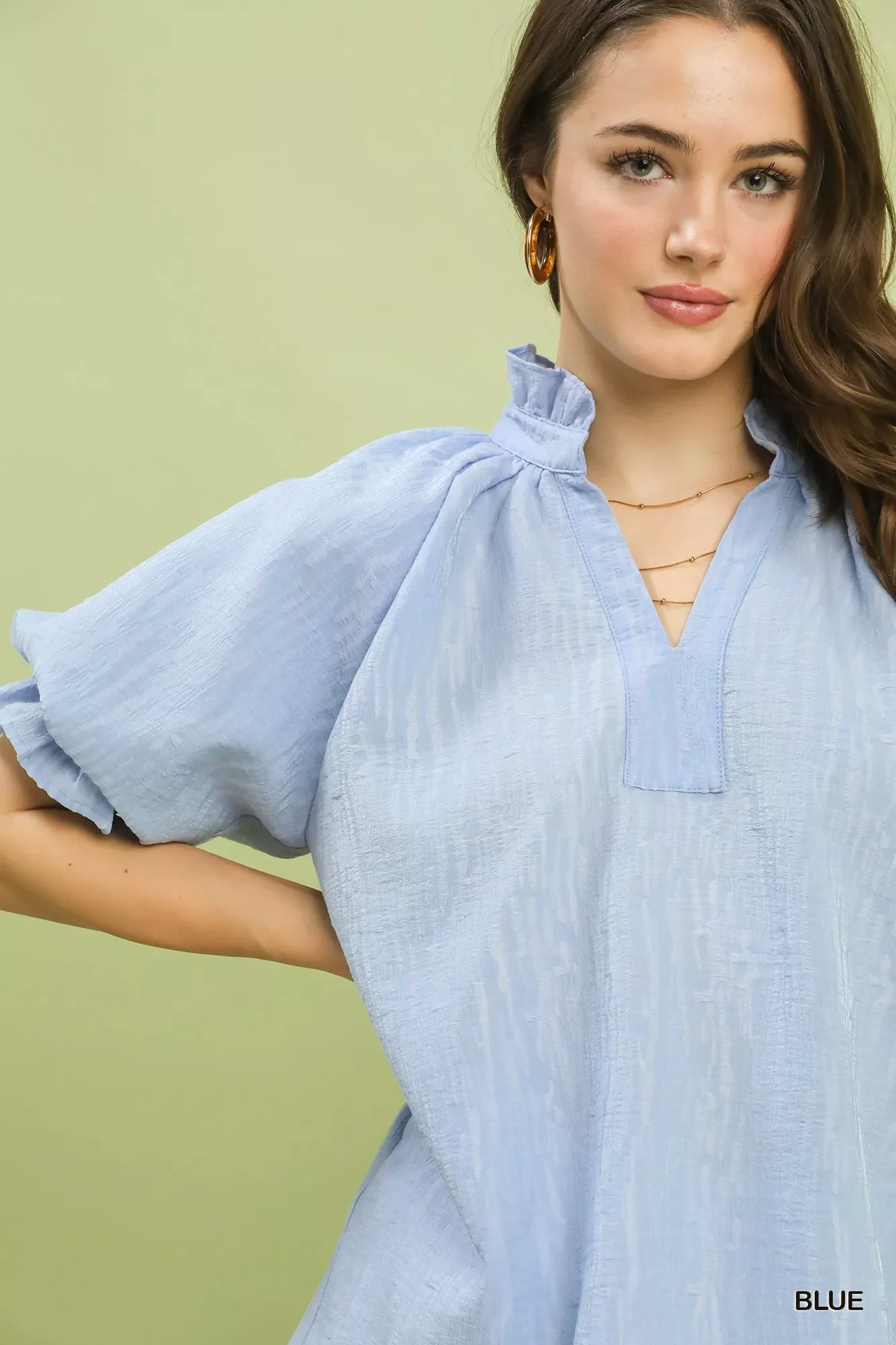 Umgee Textured Puff Sleeve Split Neck Top - Image 4