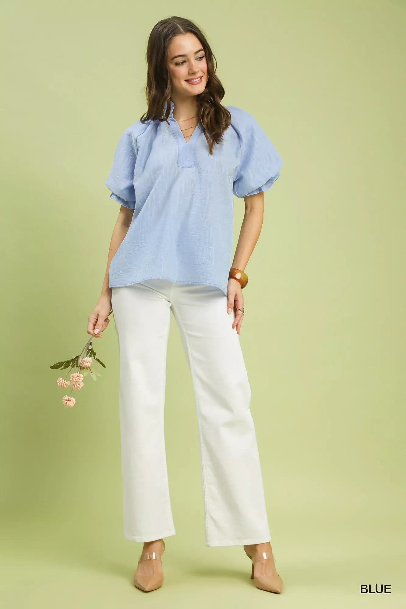 Umgee Textured Puff Sleeve Split Neck Top - Image 5