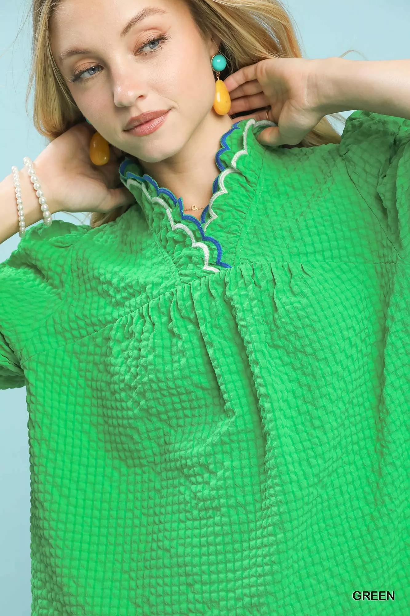 Umgee Textured Puff Sleeve Top with Scalloped Trim - Image 5