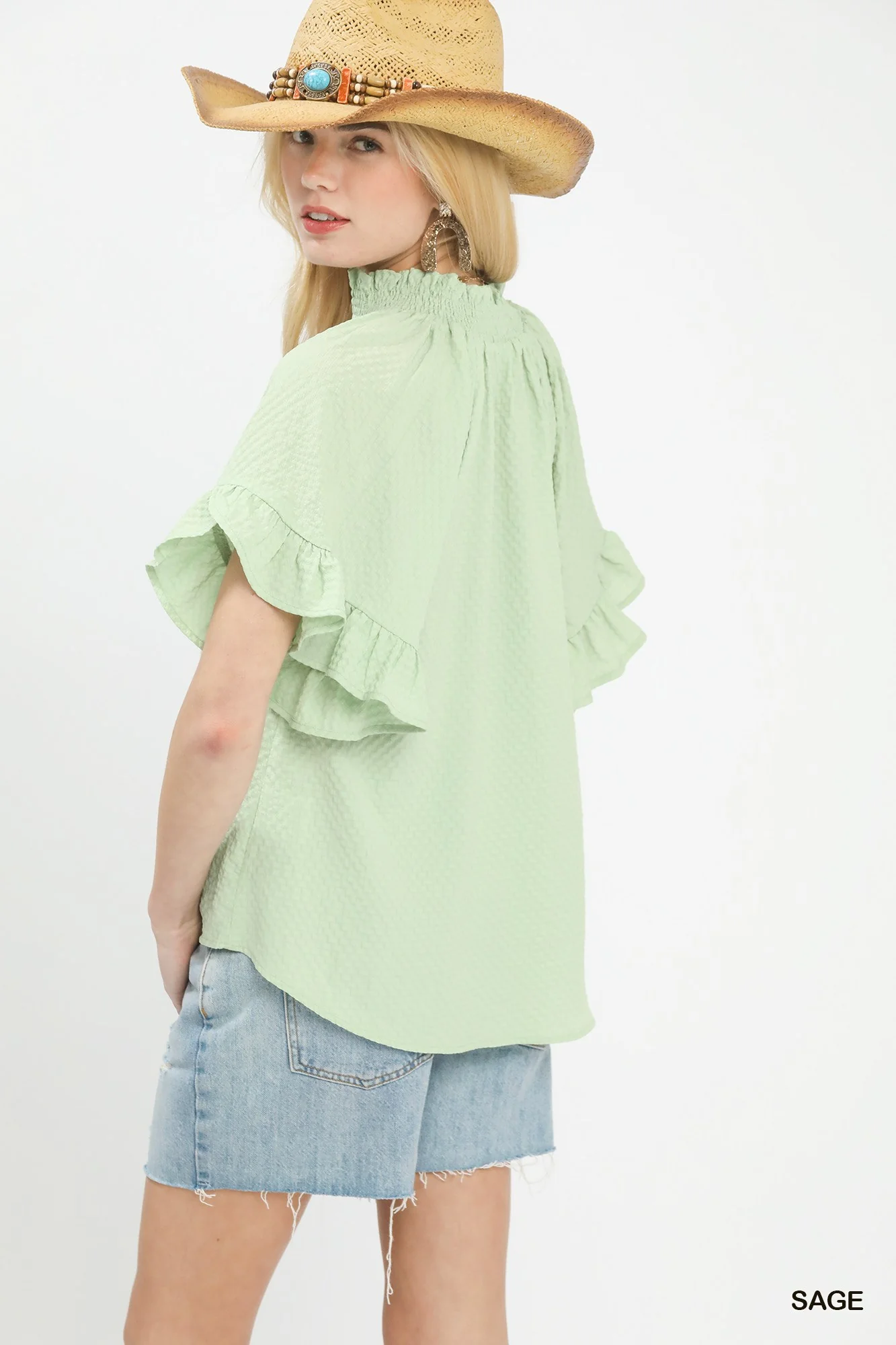 Umgee Textured Ruffle Sleeve Blouse - Image 2