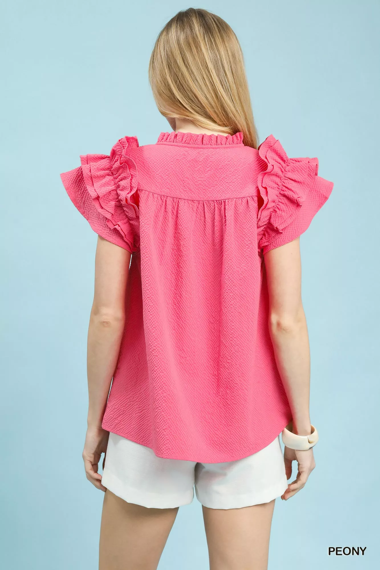 Umgee Textured Ruffle Sleeve Notched Top - Image 5