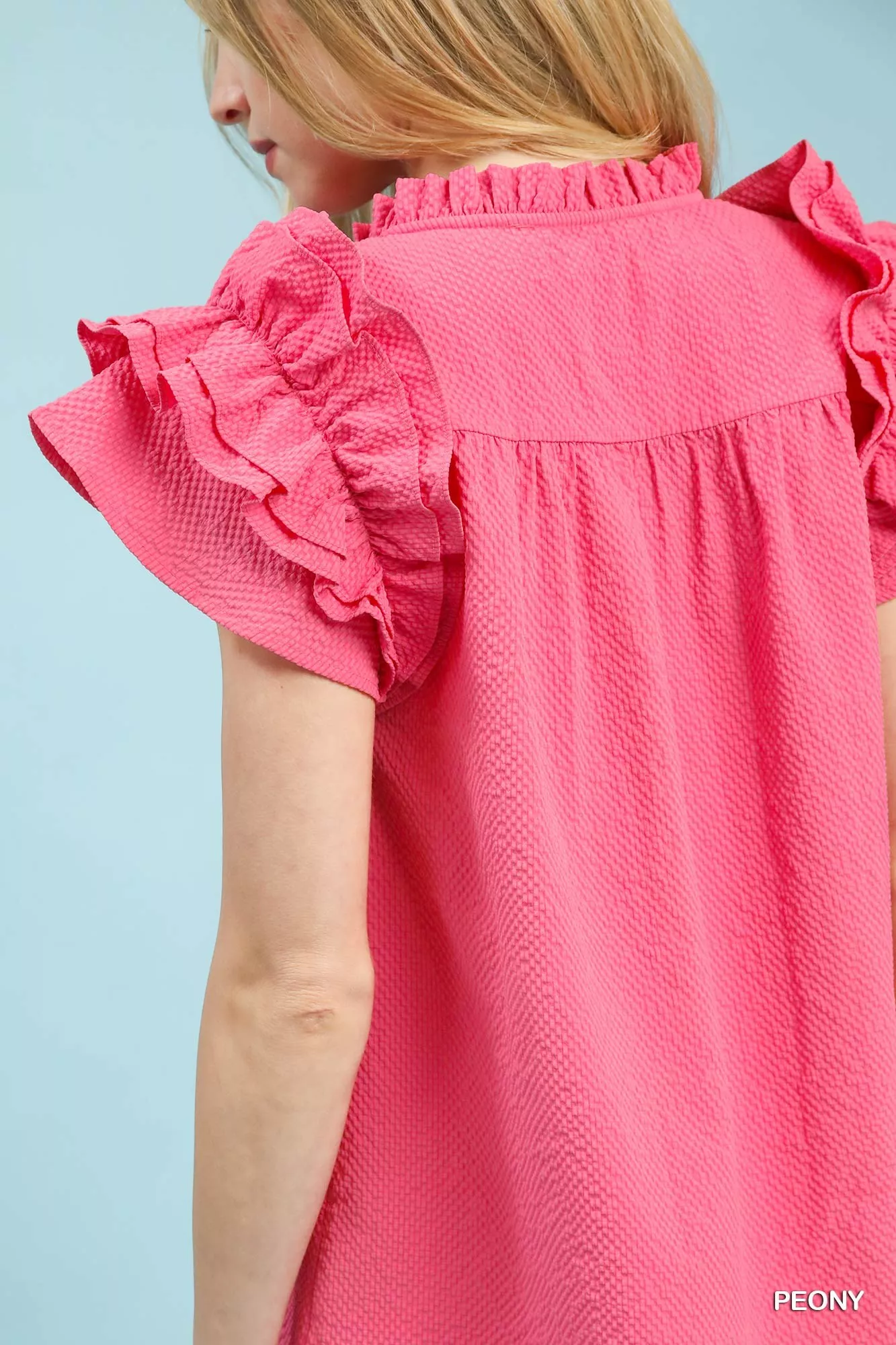 Umgee Textured Ruffle Sleeve Notched Top - Image 6