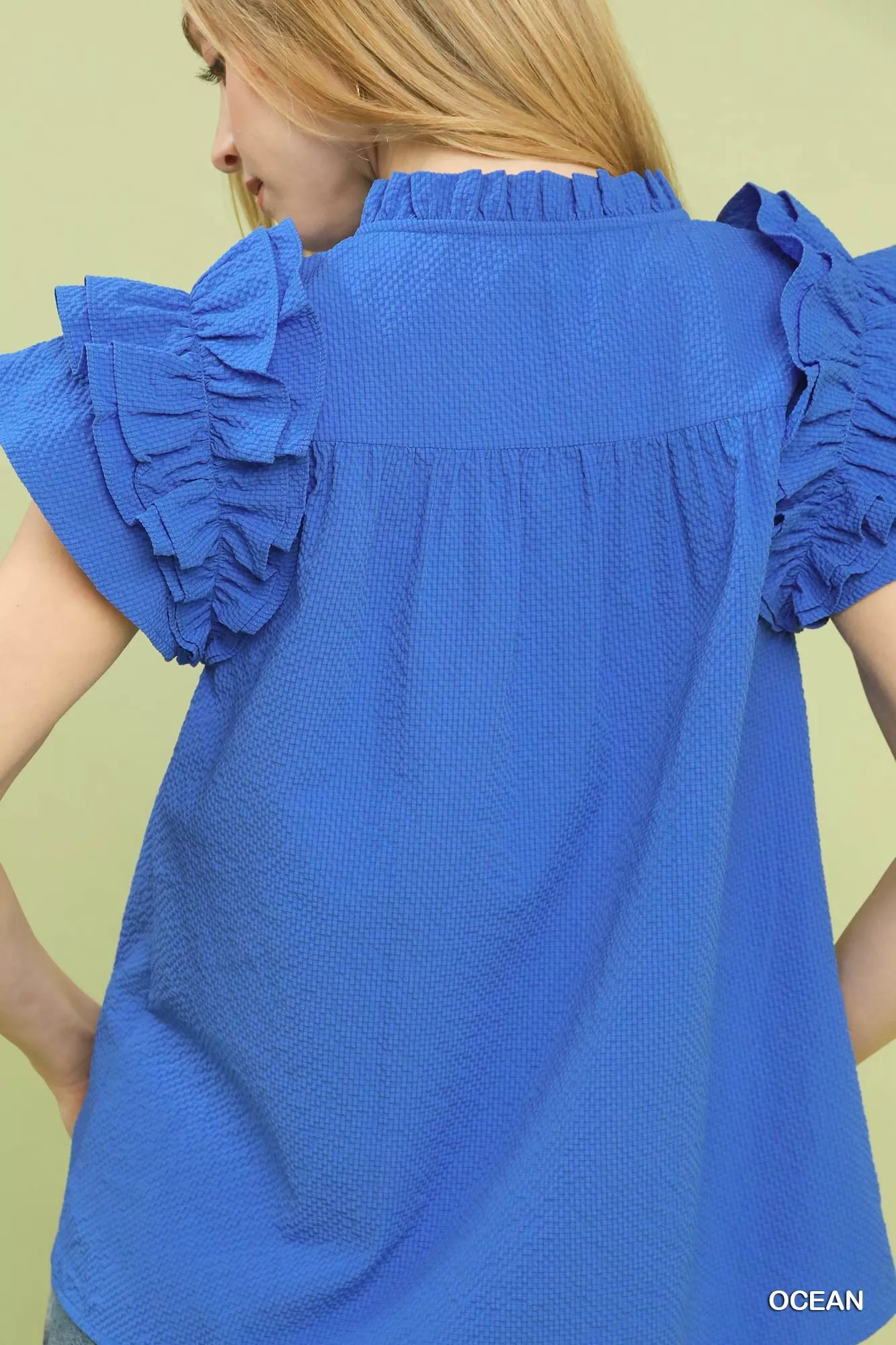 Umgee Textured Ruffle Sleeve Notched Top - Image 5
