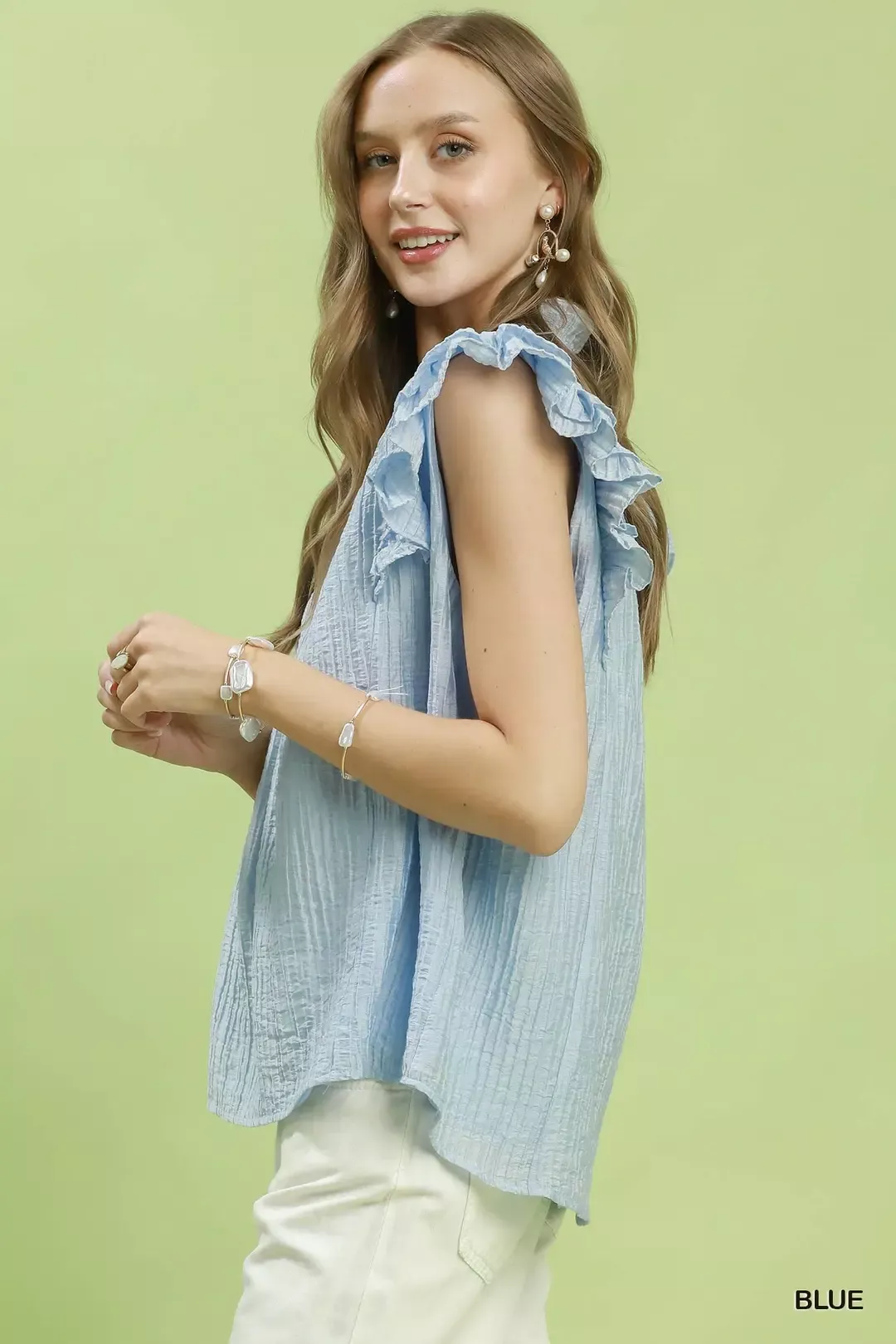 Umgee Textured Ruffle Sleeve Split V Neck Top - Image 2