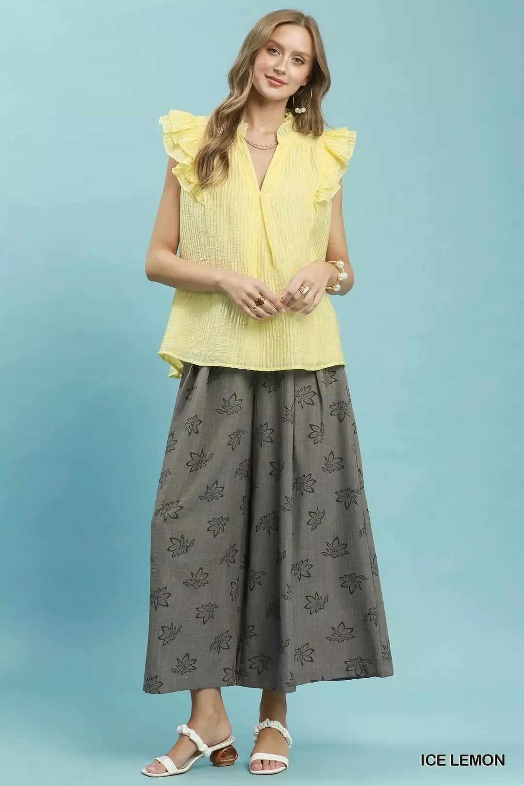 Umgee Textured Ruffle Sleeve Split V Neck Top - Image 5