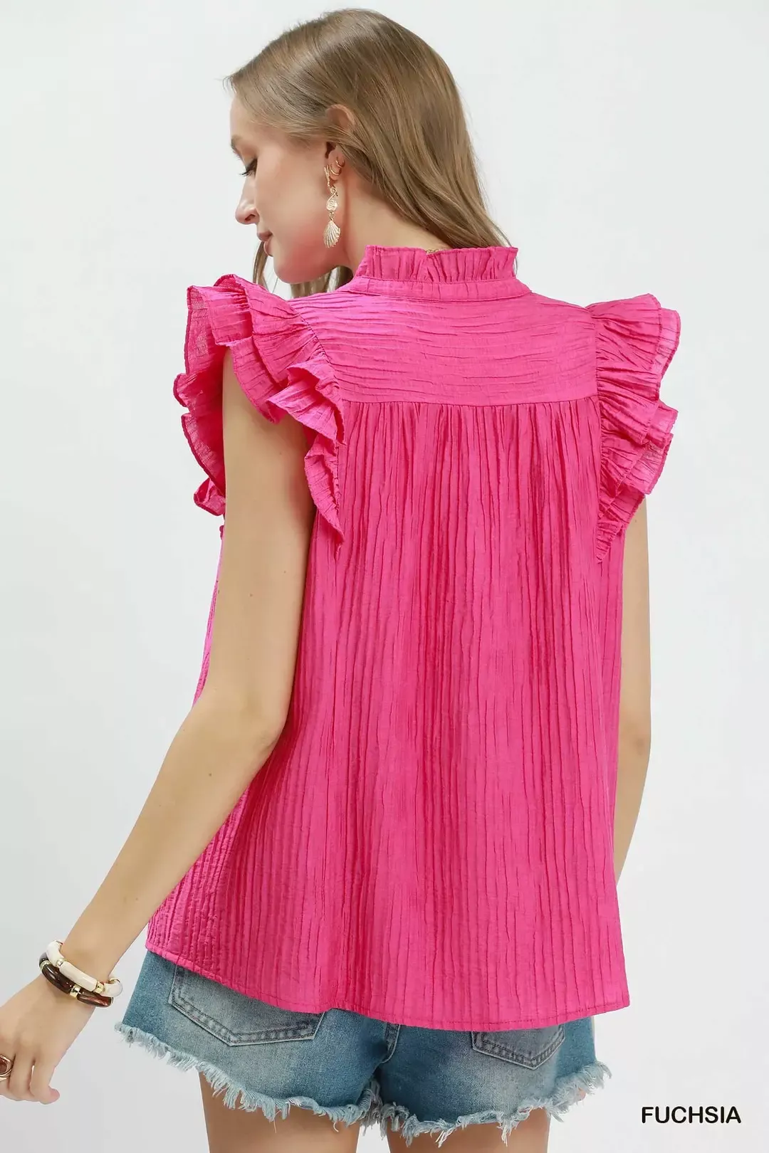Umgee Textured Ruffle Sleeve Split V Neck Top - Image 3