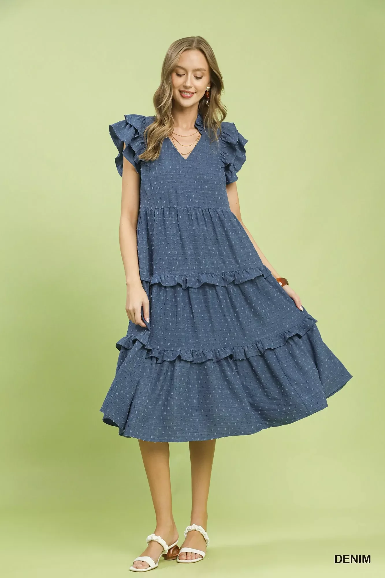 Umgee Textured Ruffle Sleeve Tiered Midi Dress - Image 5