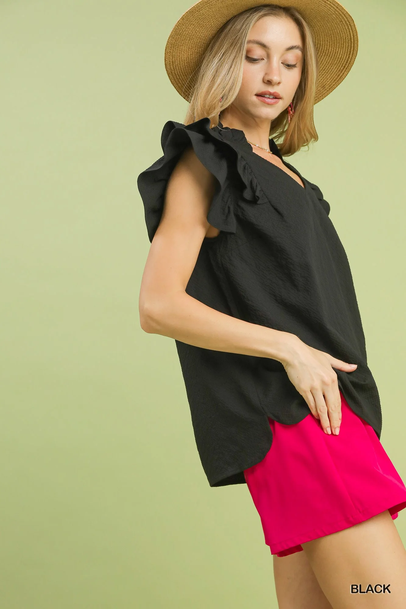 Umgee Textured Ruffle Sleeve V-Neck Blouse - Image 2