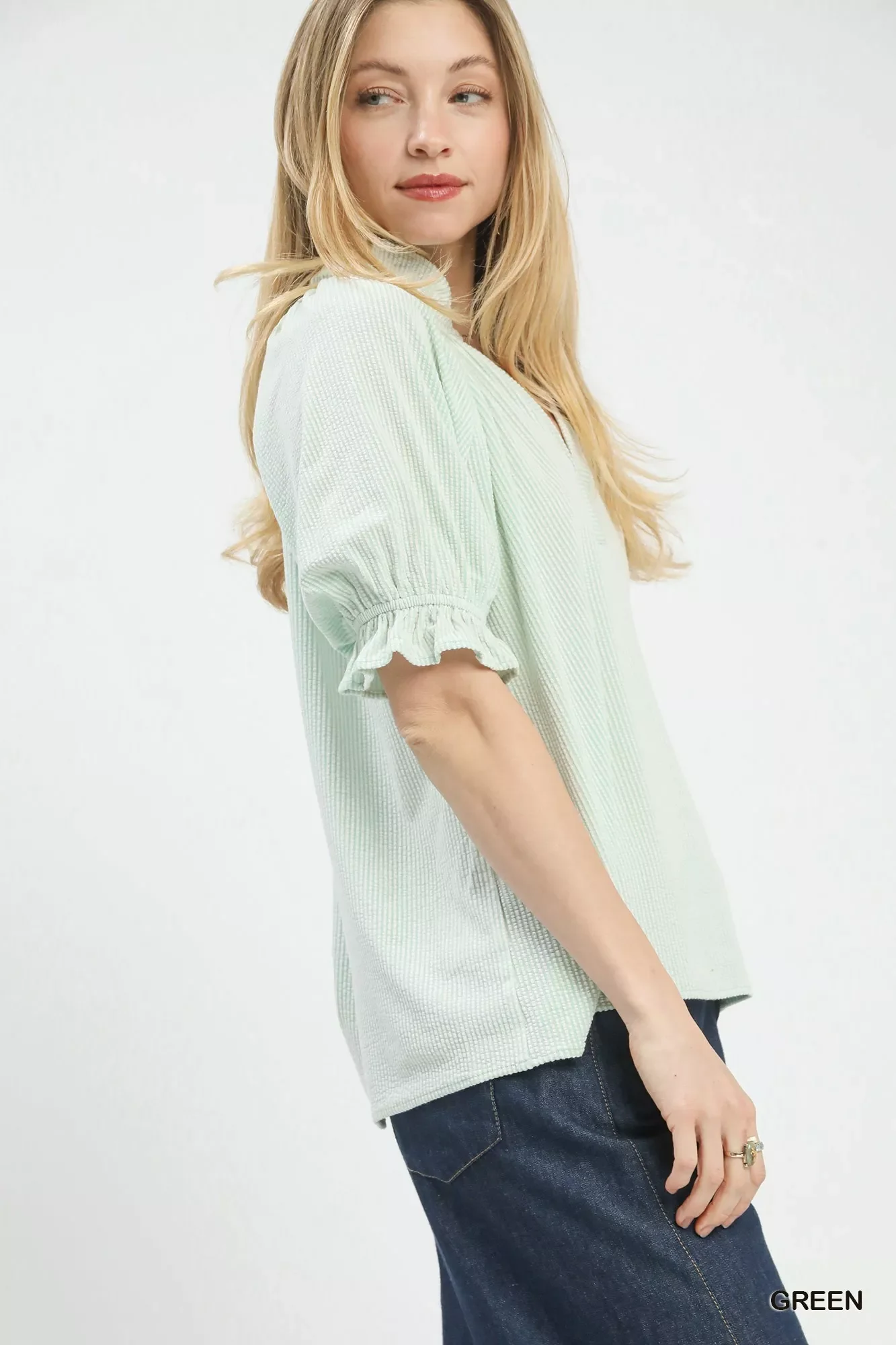 Umgee Textured Ruffle Sleeve V-Neck Top - Image 2