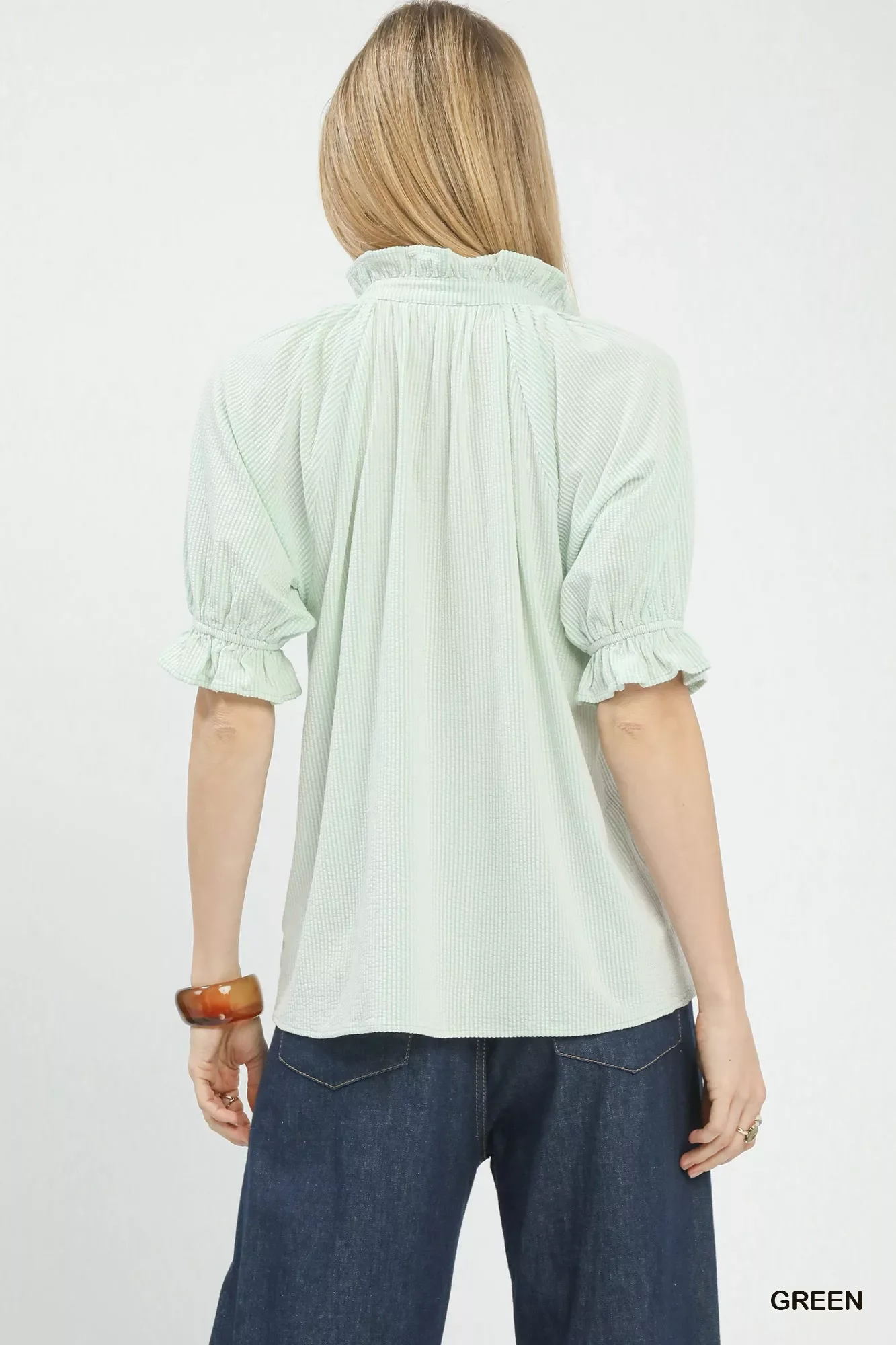 Umgee Textured Ruffle Sleeve V-Neck Top - Image 3
