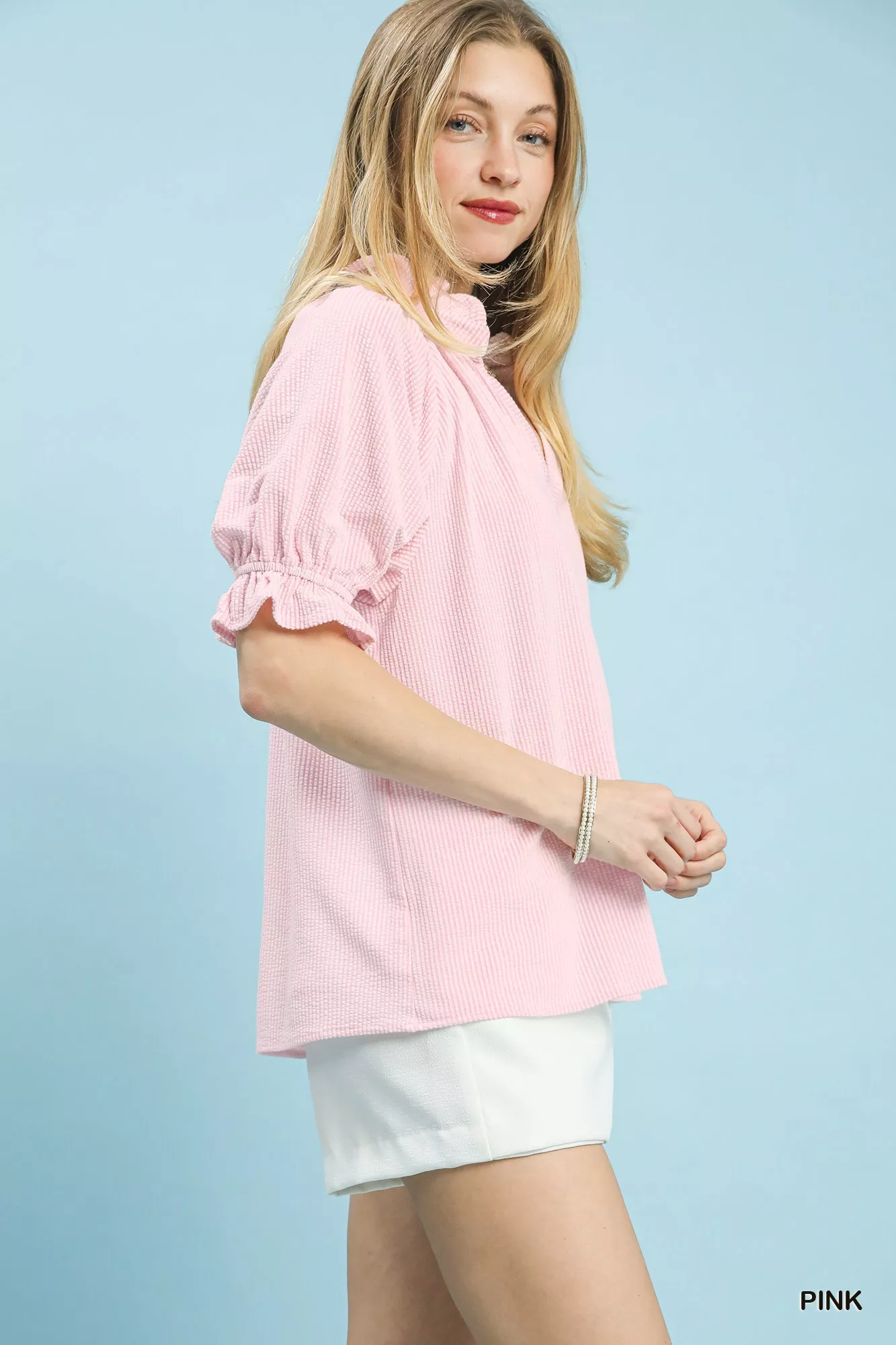 Umgee Textured Ruffle Sleeve V-Neck Top - Image 3