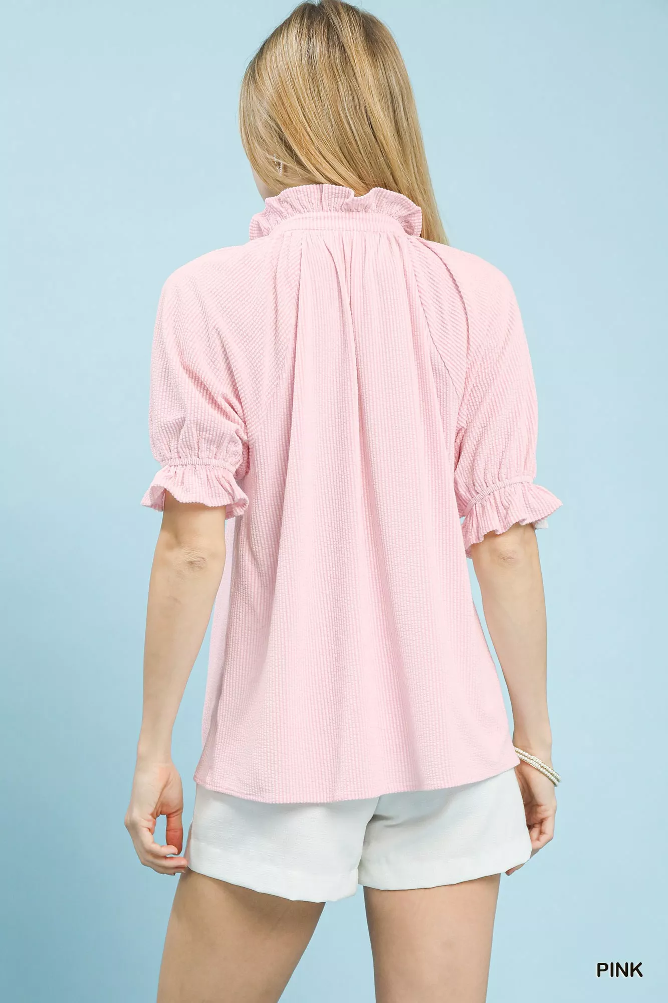 Umgee Textured Ruffle Sleeve V-Neck Top - Image 4