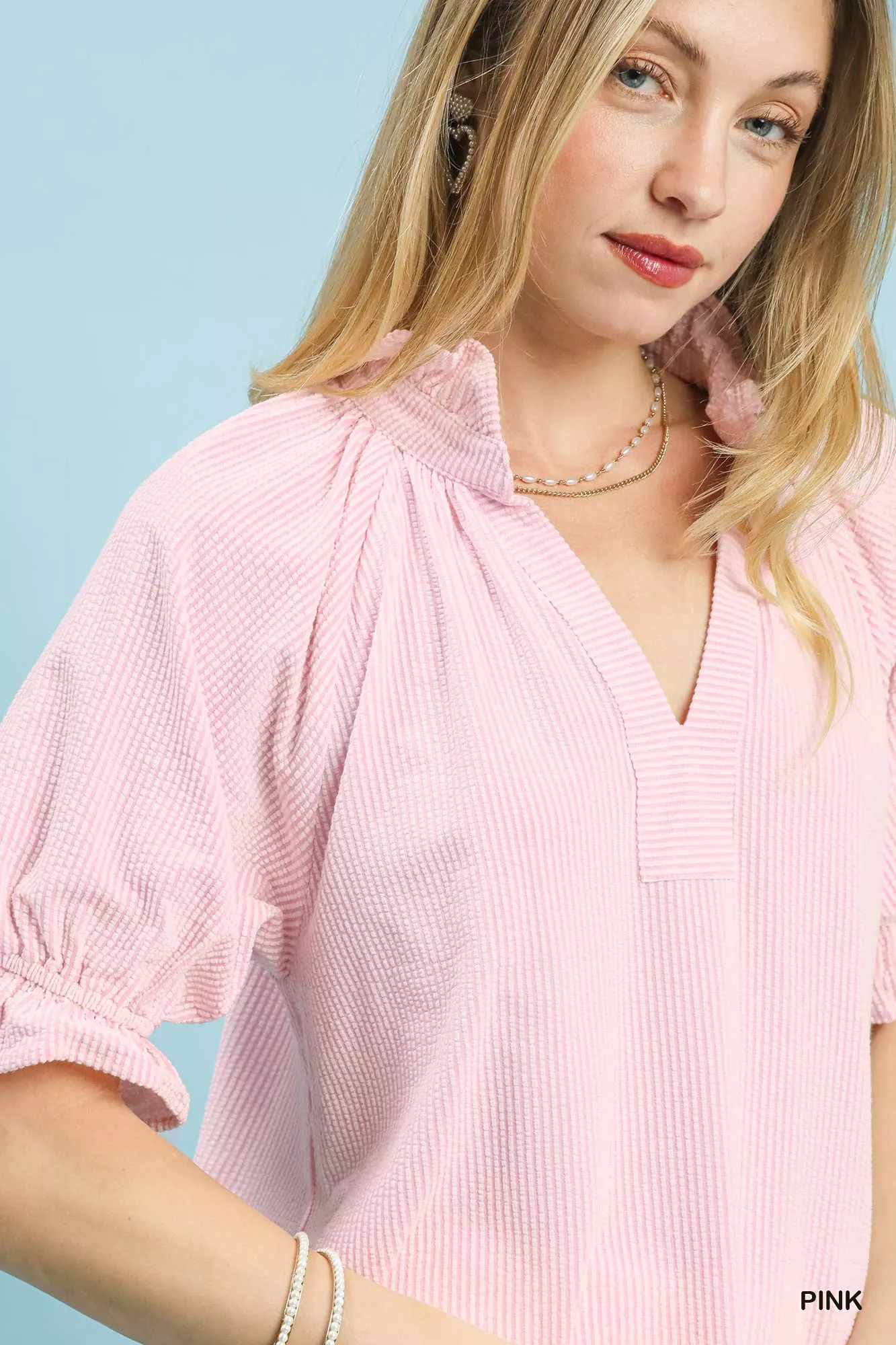 Umgee Textured Ruffle Sleeve V-Neck Top - Image 5