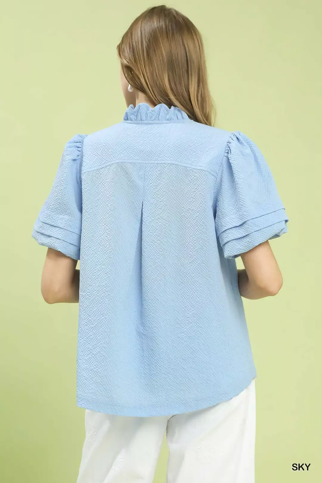 Umgee Textured Scallop Trim Puff Sleeve Blouse - Image 3