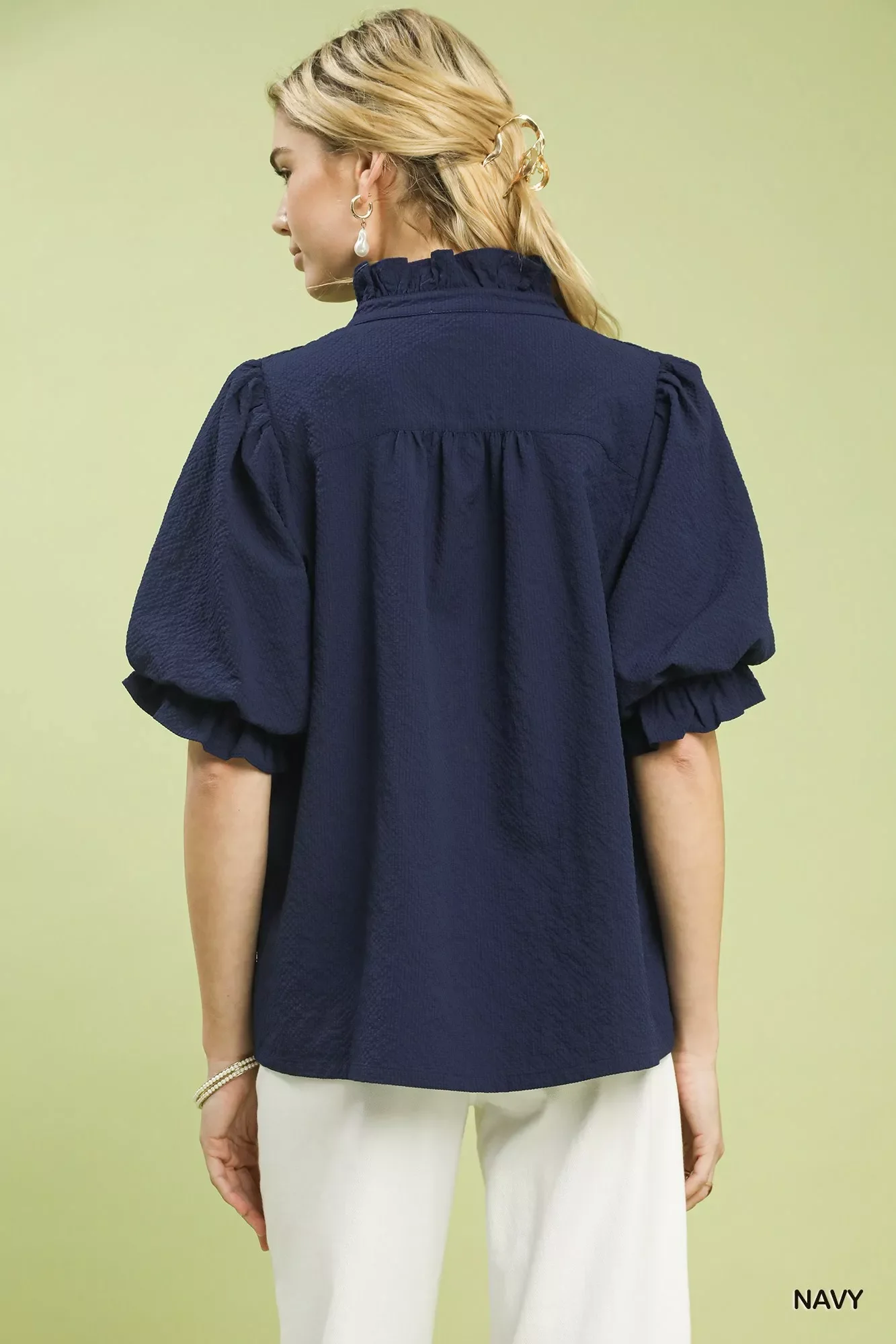 Umgee Textured Smocked Yoke Split-Neck Top - Image 3