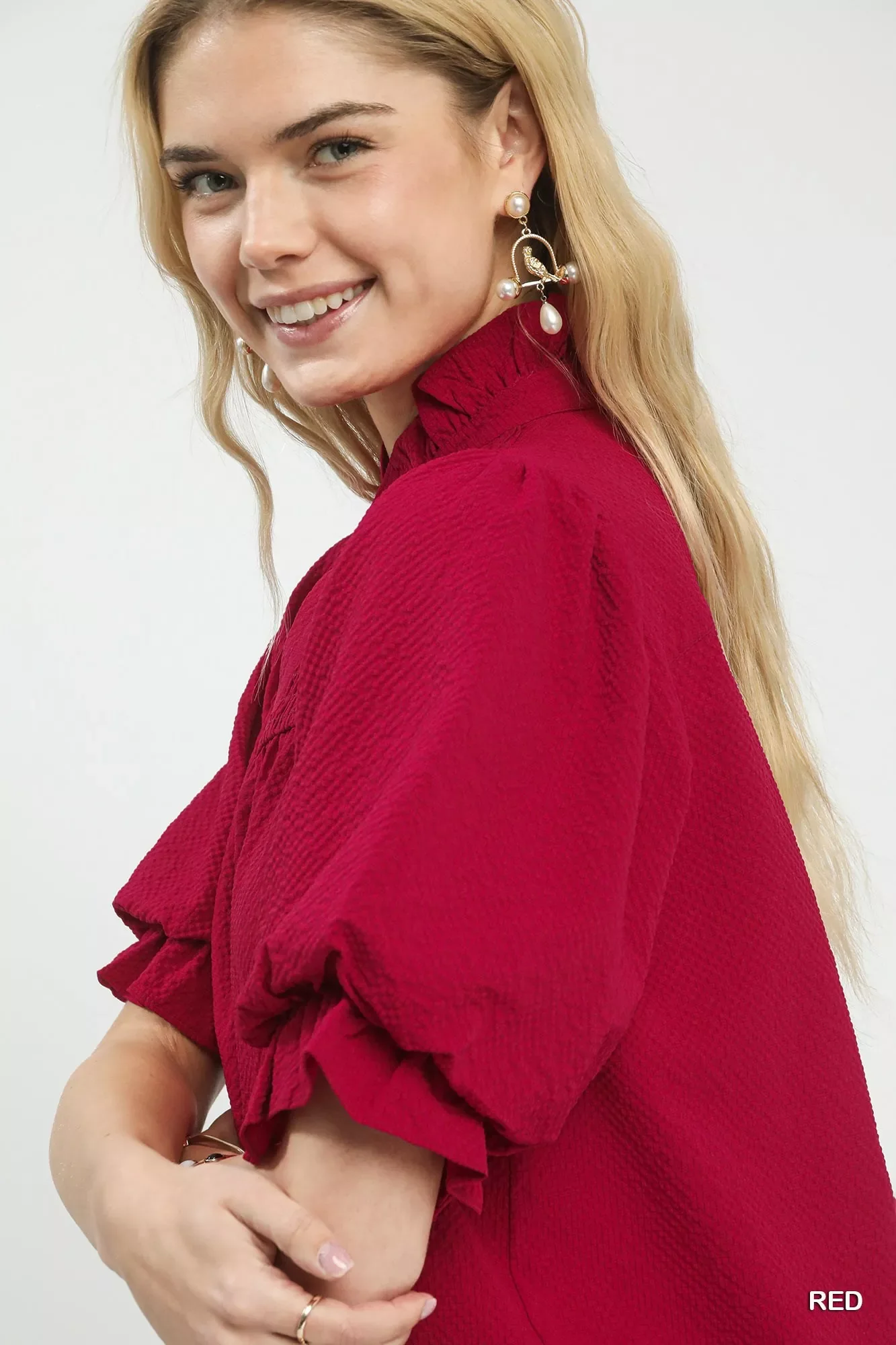 Umgee Textured Smocked Yoke Split-Neck Top - Image 4
