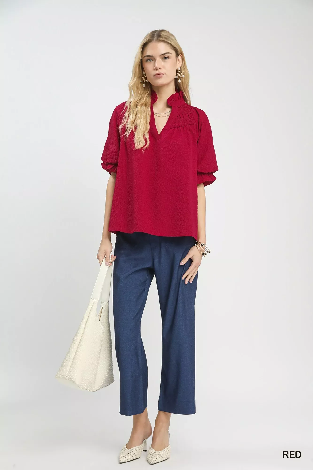 Umgee Textured Smocked Yoke Split-Neck Top - Image 5