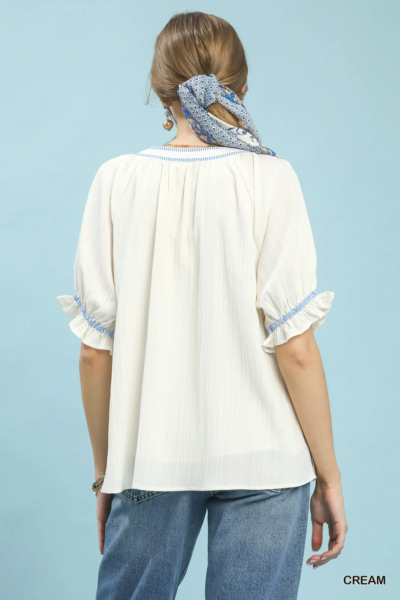 Umgee Textured Split Neck Puff Sleeve Top - Image 3