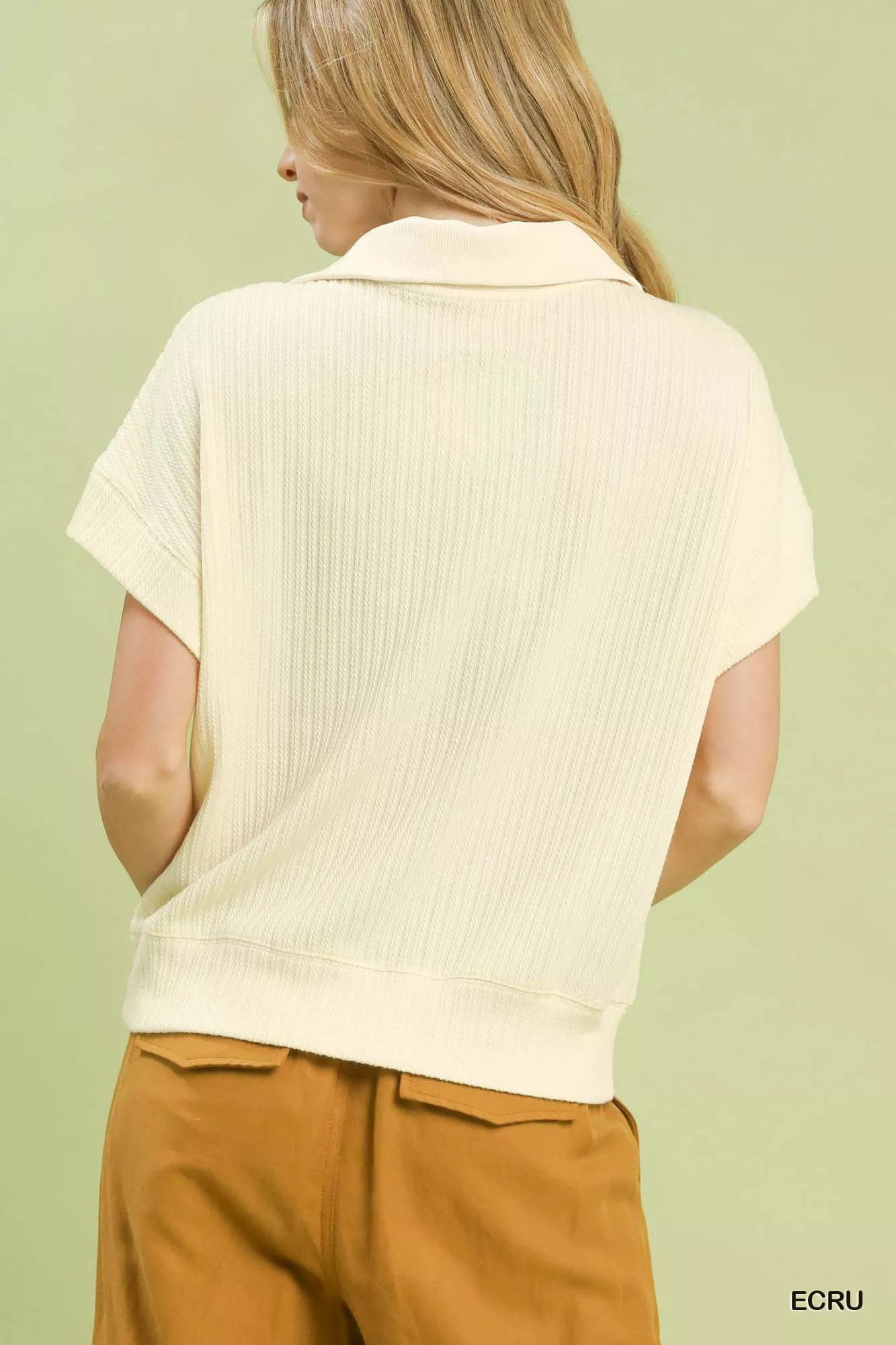 Umgee Textured Striped Zip Collar Knit Top - Image 2