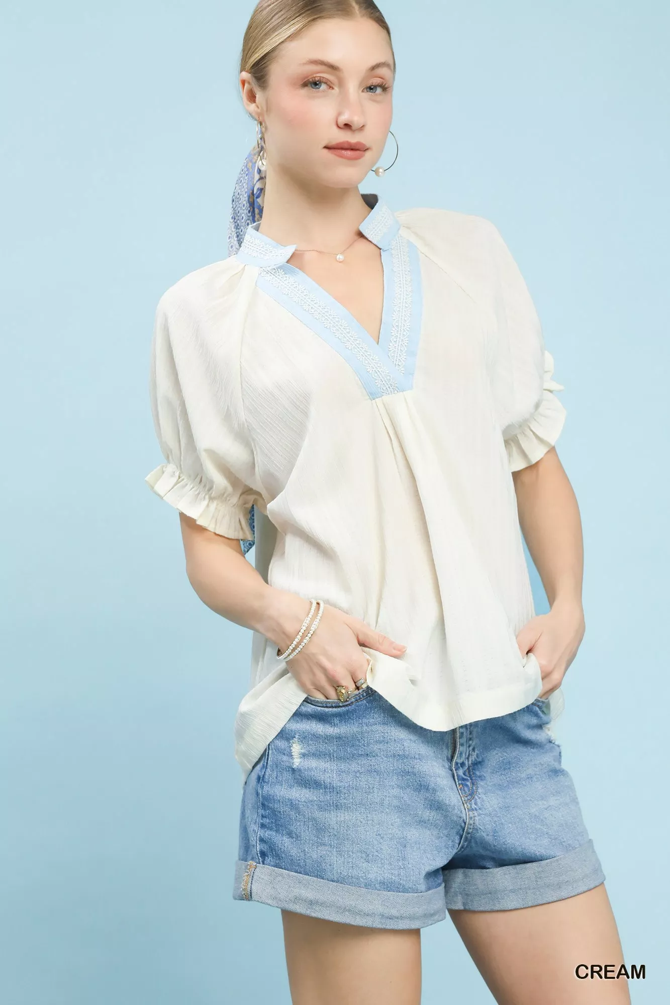 Umgee Textured V-Neck Top with Lace Trim Details - Image 3