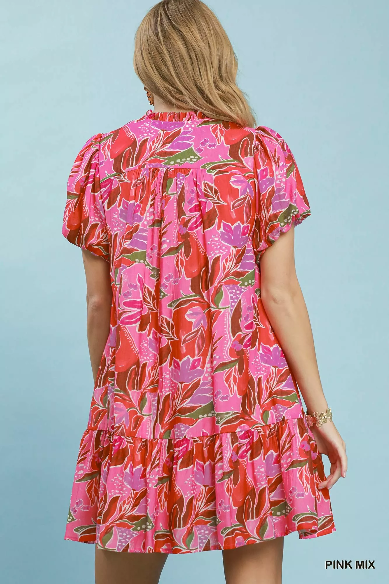 Umgee Tropical Floral Puff Sleeve Tiered Mini Dress - Image 3