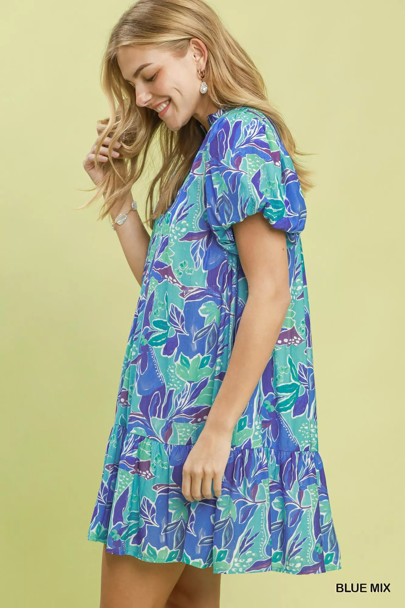 Umgee Tropical Floral Puff Sleeve Tiered Mini Dress - Image 2