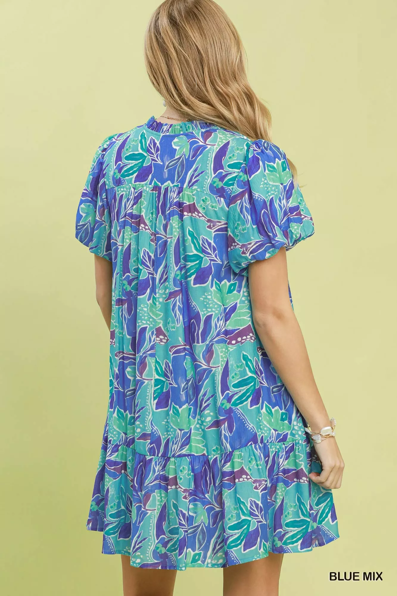 Umgee Tropical Floral Puff Sleeve Tiered Mini Dress - Image 3
