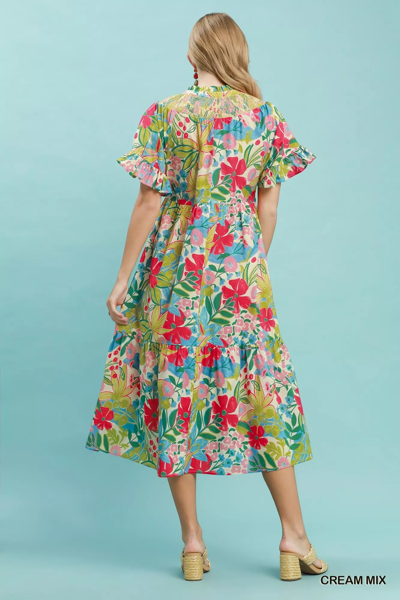 Umgee Tropical Floral Ruffle Sleeve Tiered Midi Dress - Image 3