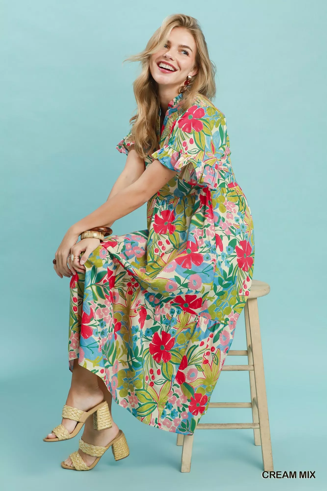 Umgee Tropical Floral Ruffle Sleeve Tiered Midi Dress - Image 4