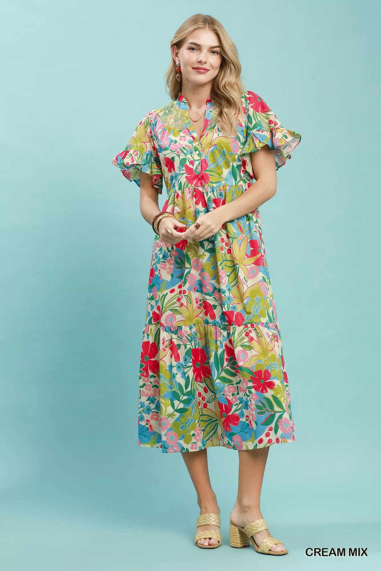 Umgee Tropical Floral Ruffle Sleeve Tiered Midi Dress - Image 5