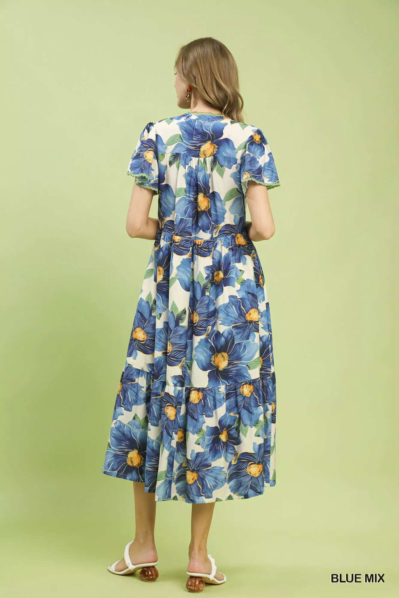 Umgee Tropical Floral V-Neck Flutter Sleeve Tiered Midi Dress - Image 3