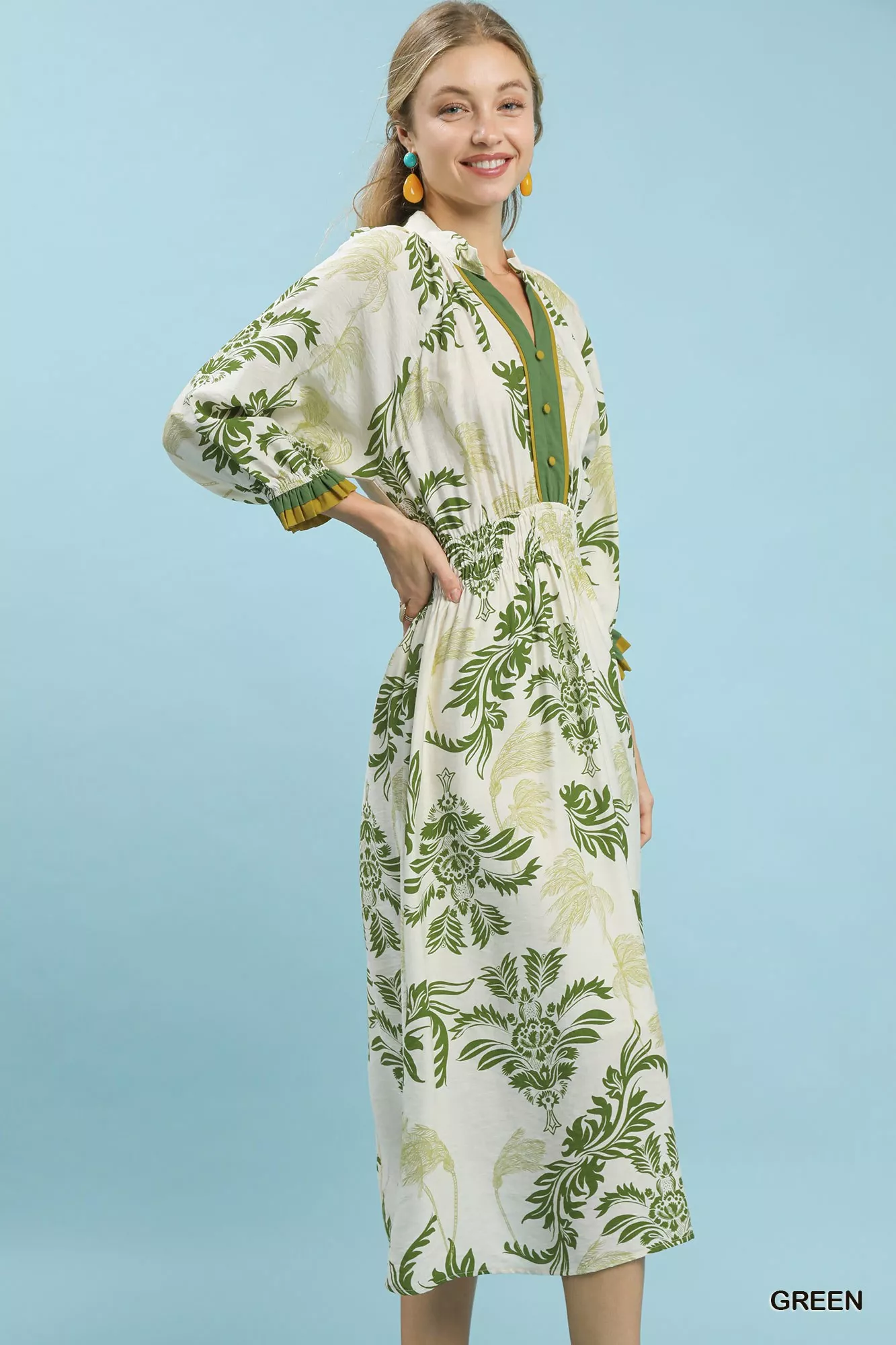 Umgee Tropical Print Button Detail Midi Dress - Image 2