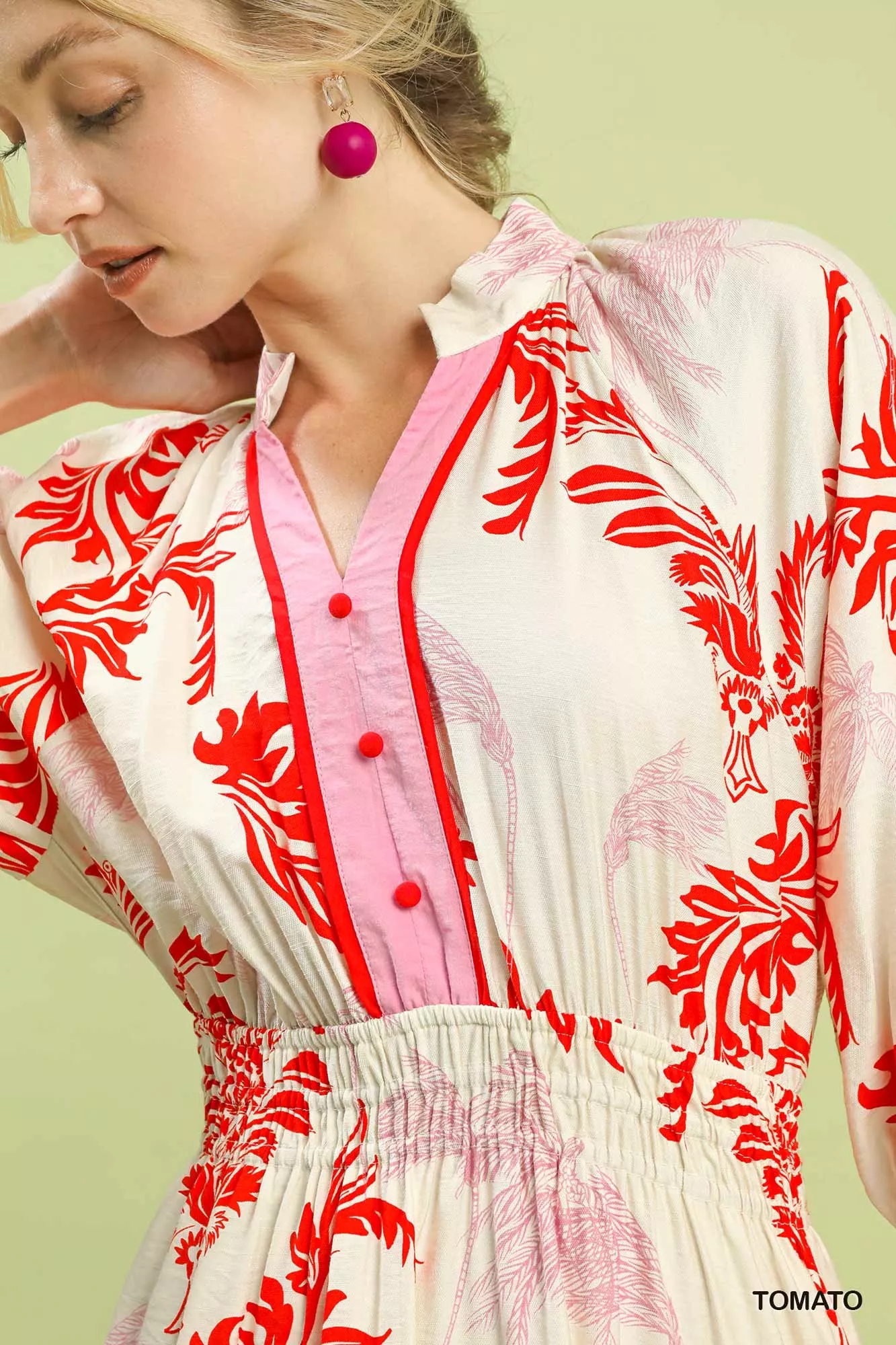 Umgee Tropical Print Button Detail Midi Dress - Image 5