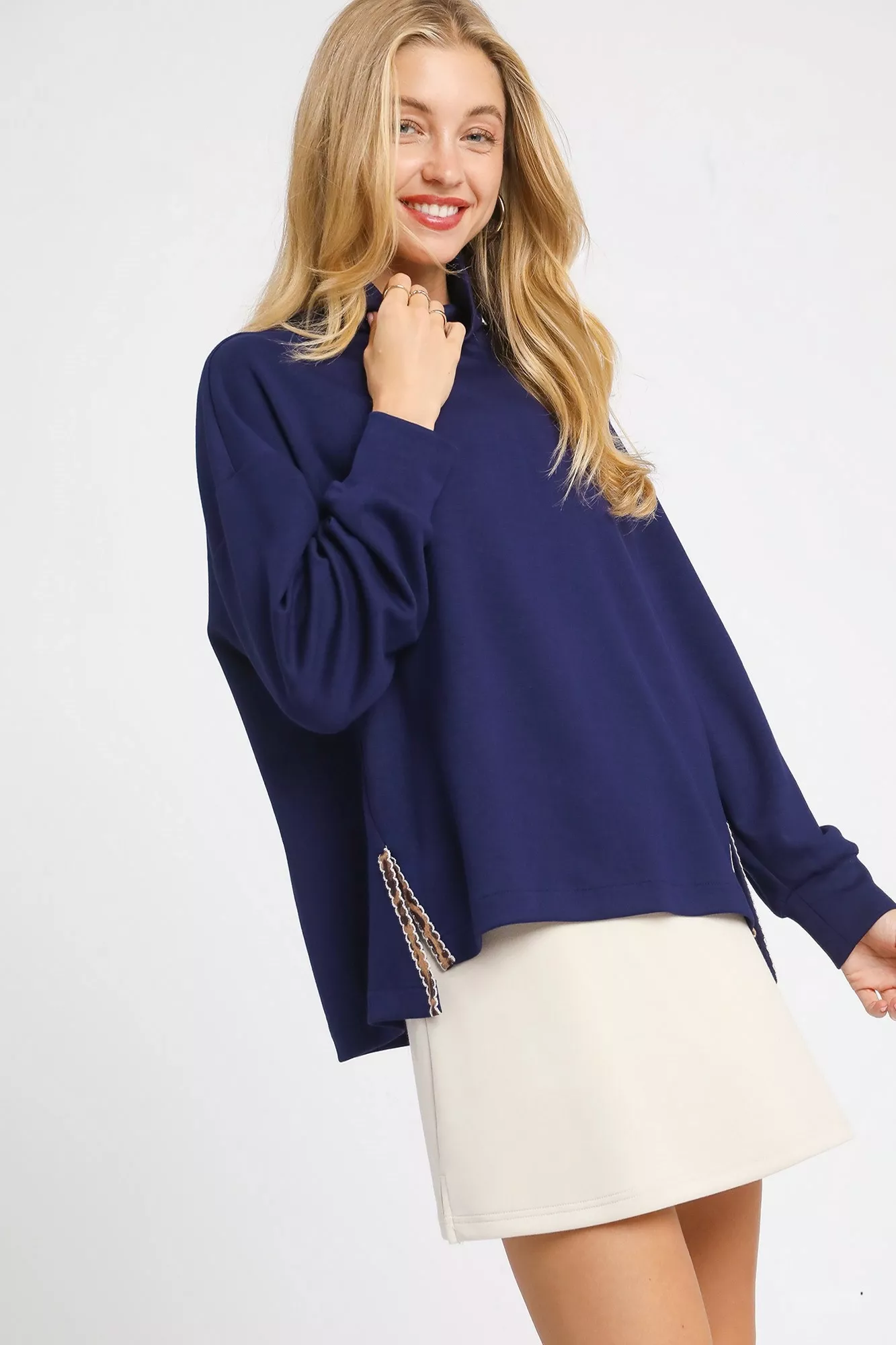 Umgee Turtle Neck Dolman Sleeve Side Slit Sweater with Contrast Detail - Image 2