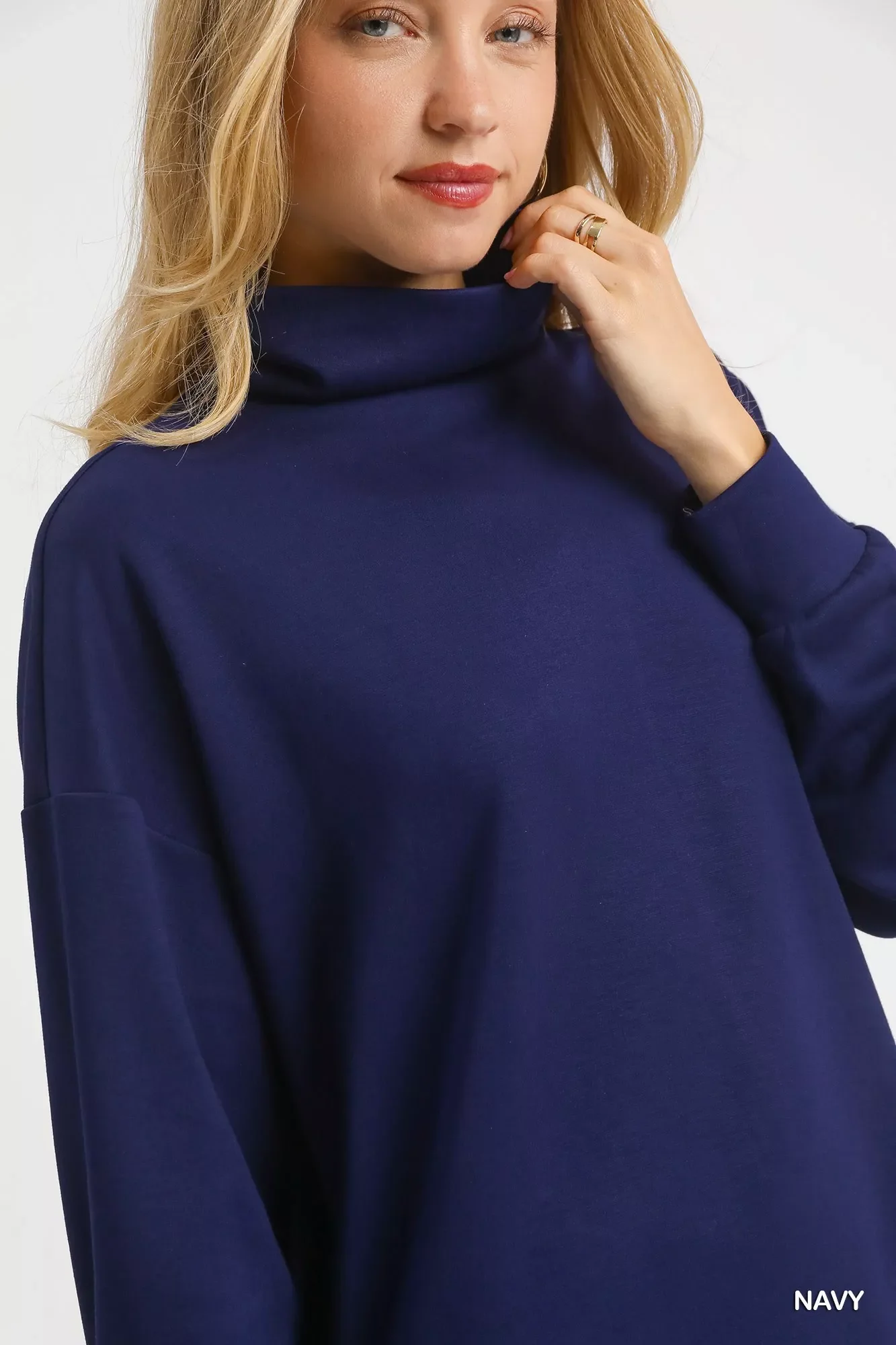 Umgee Turtle Neck Dolman Sleeve Side Slit Sweater with Contrast Detail - Image 5