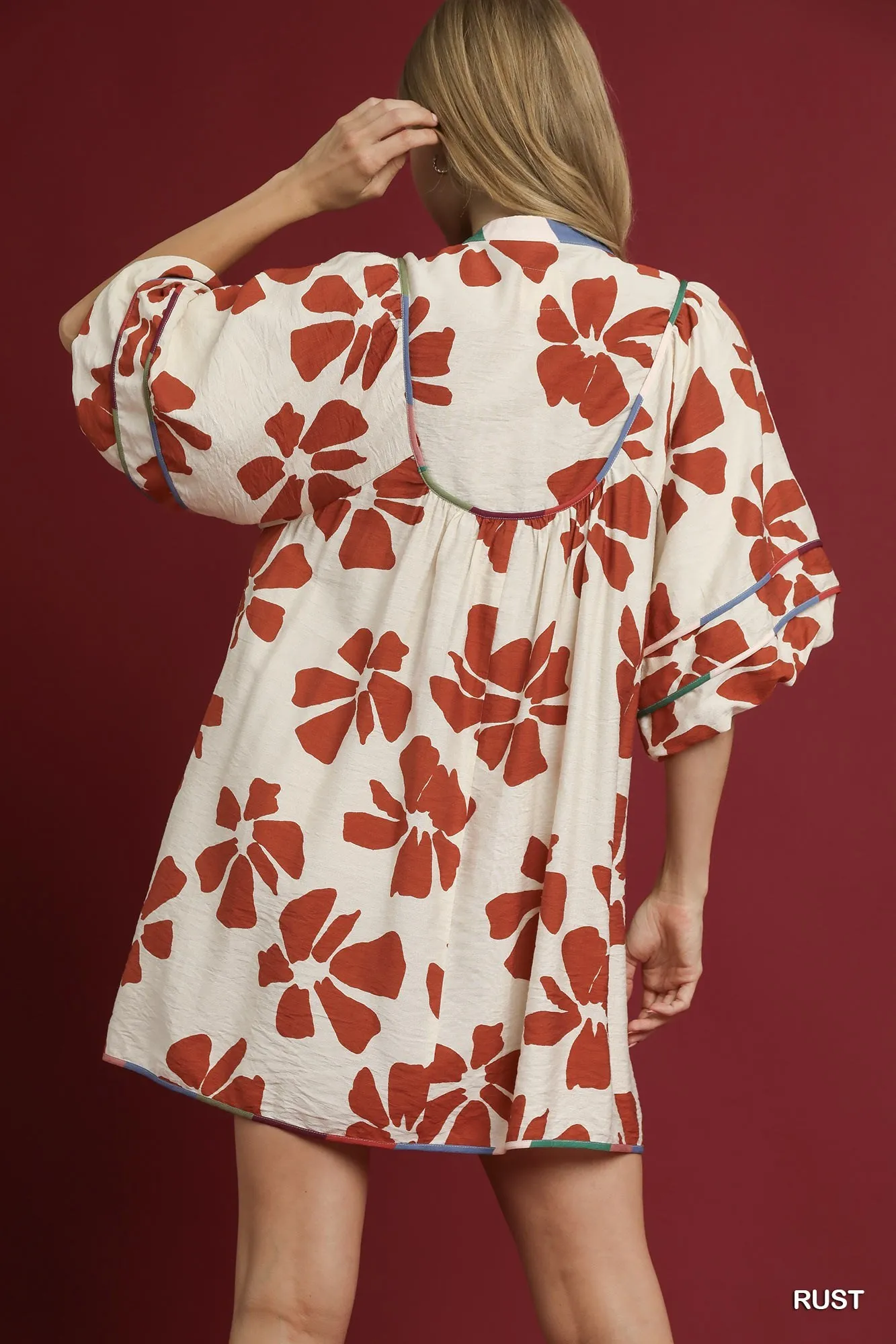 Umgee Two Tone Floral Tie-Neck Babydoll Dress - Image 4