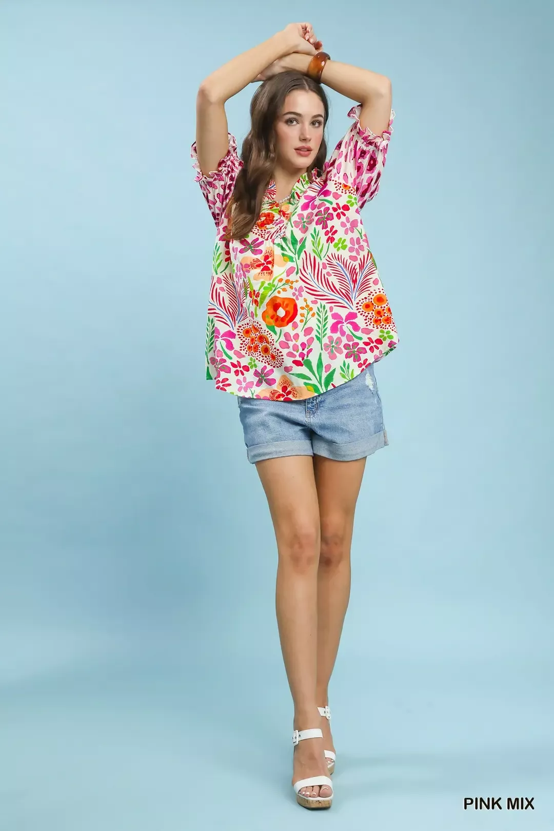 Umgee V-Neck Ruffle Trim Puff Sleeve Top - Image 4