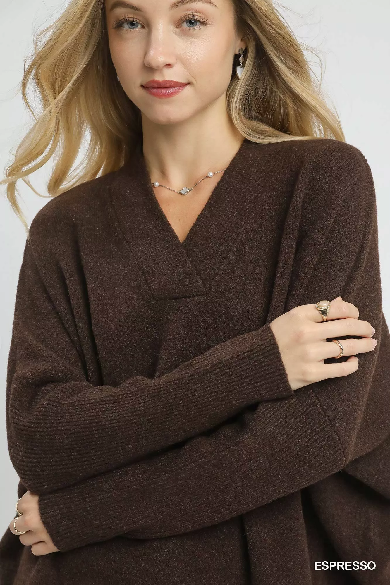 Umgee V-Neck Sweater with Wide Trim Detail - Image 3
