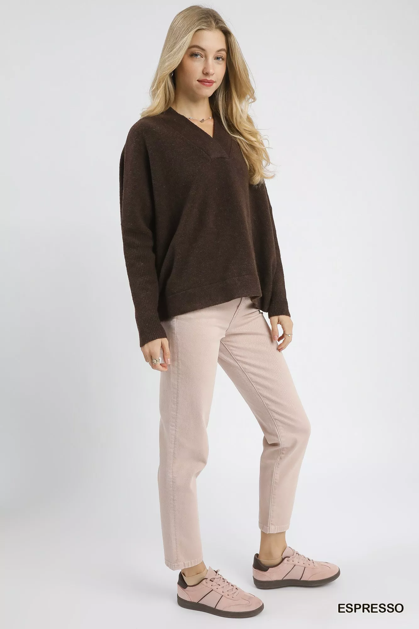 Umgee V-Neck Sweater with Wide Trim Detail - Image 4