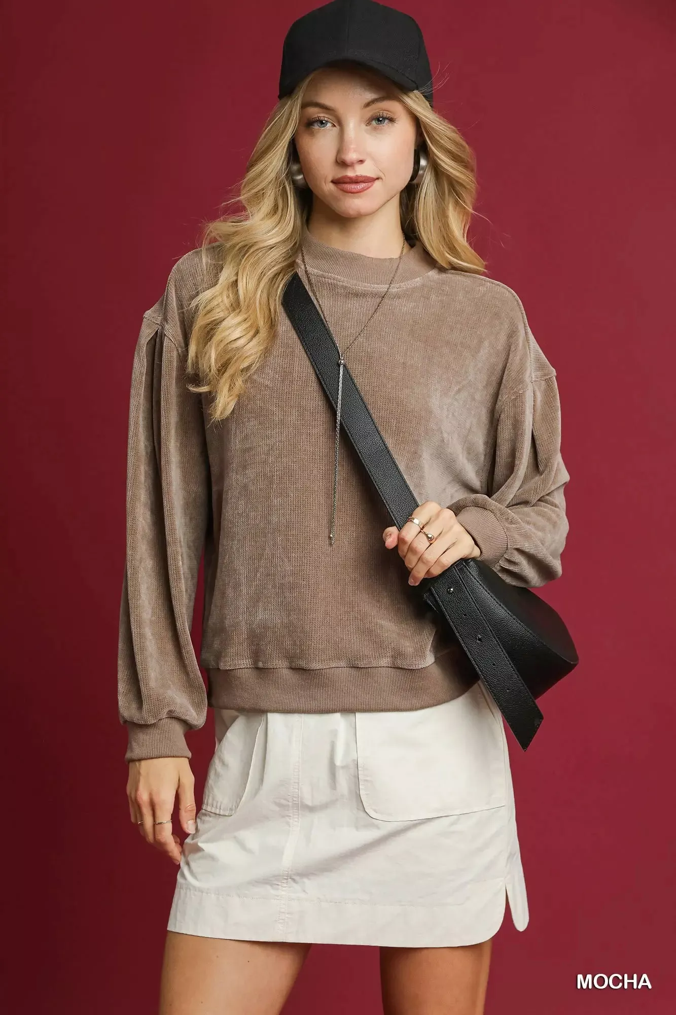Umgee Velour Crewneck Balloon Sleeve Sweatshirt - Image 4
