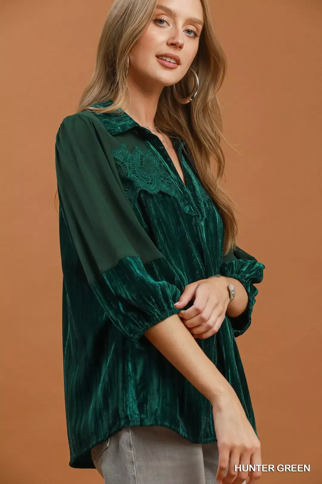 Umgee Velvet Lace Detail Mixed Fabric Blouse - Image 2
