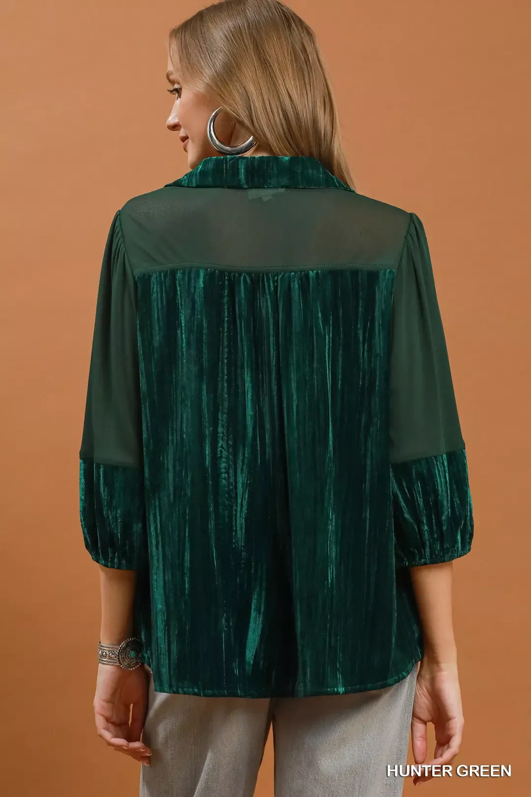 Umgee Velvet Lace Detail Mixed Fabric Blouse - Image 3