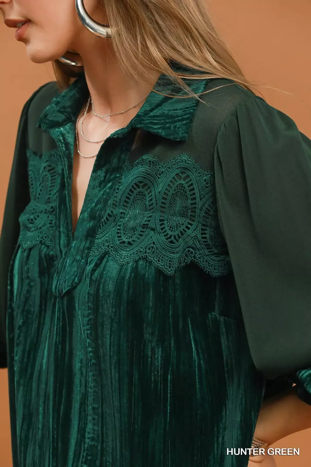 Umgee Velvet Lace Detail Mixed Fabric Blouse - Image 4