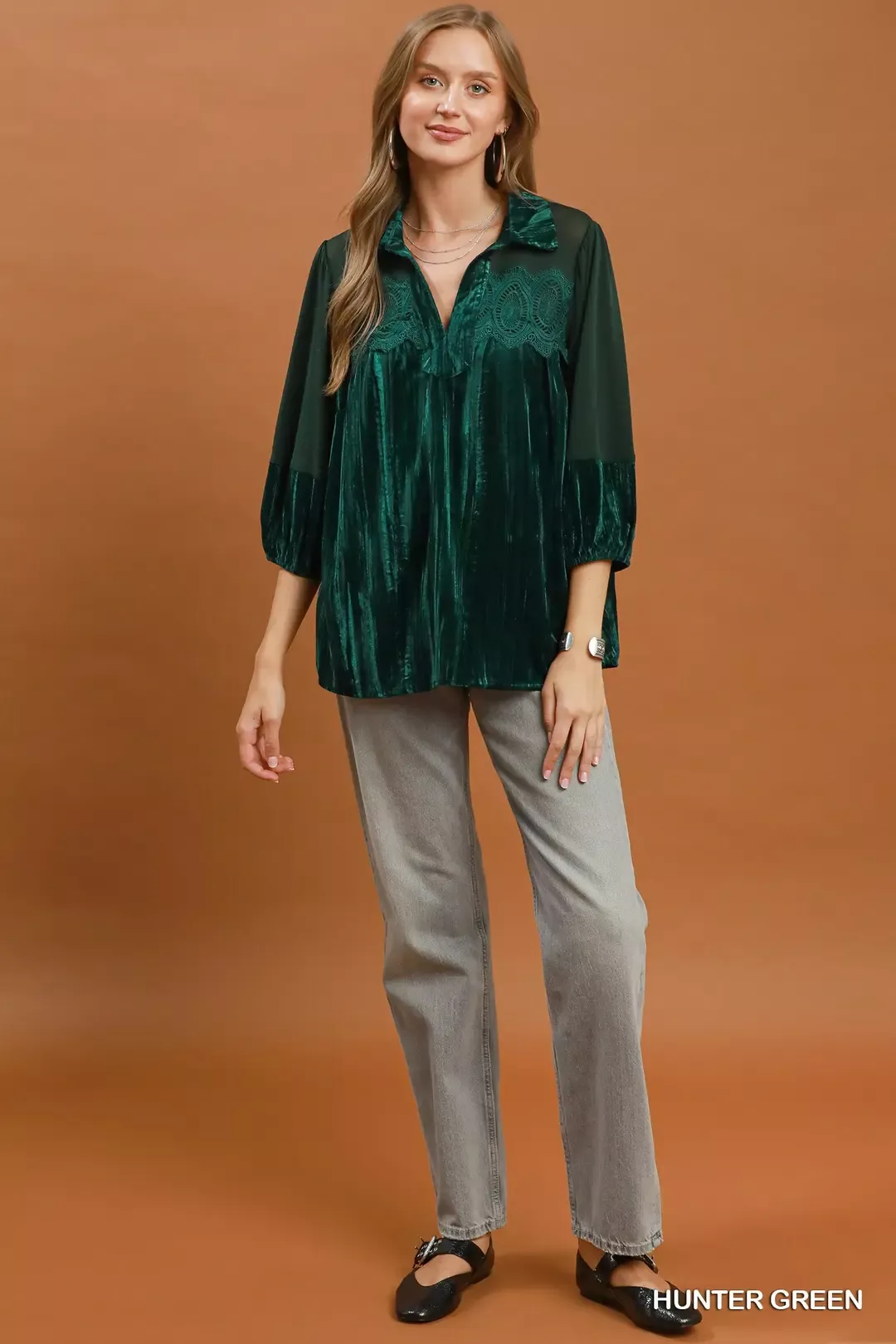 Umgee Velvet Lace Detail Mixed Fabric Blouse - Image 5