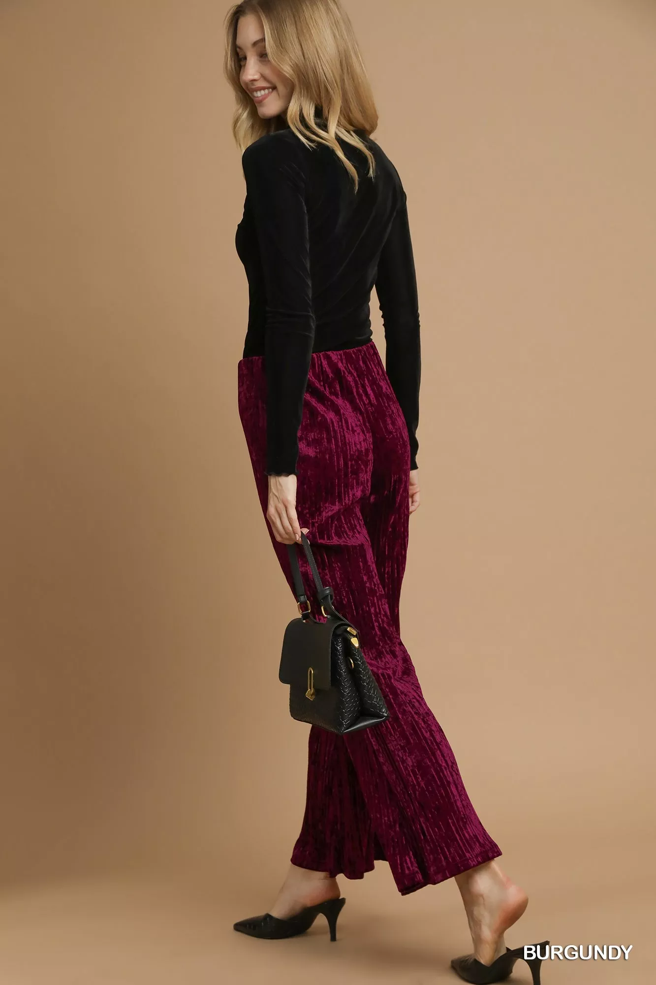 Umgee Velvet Pleated Wide Leg Pants - Image 3