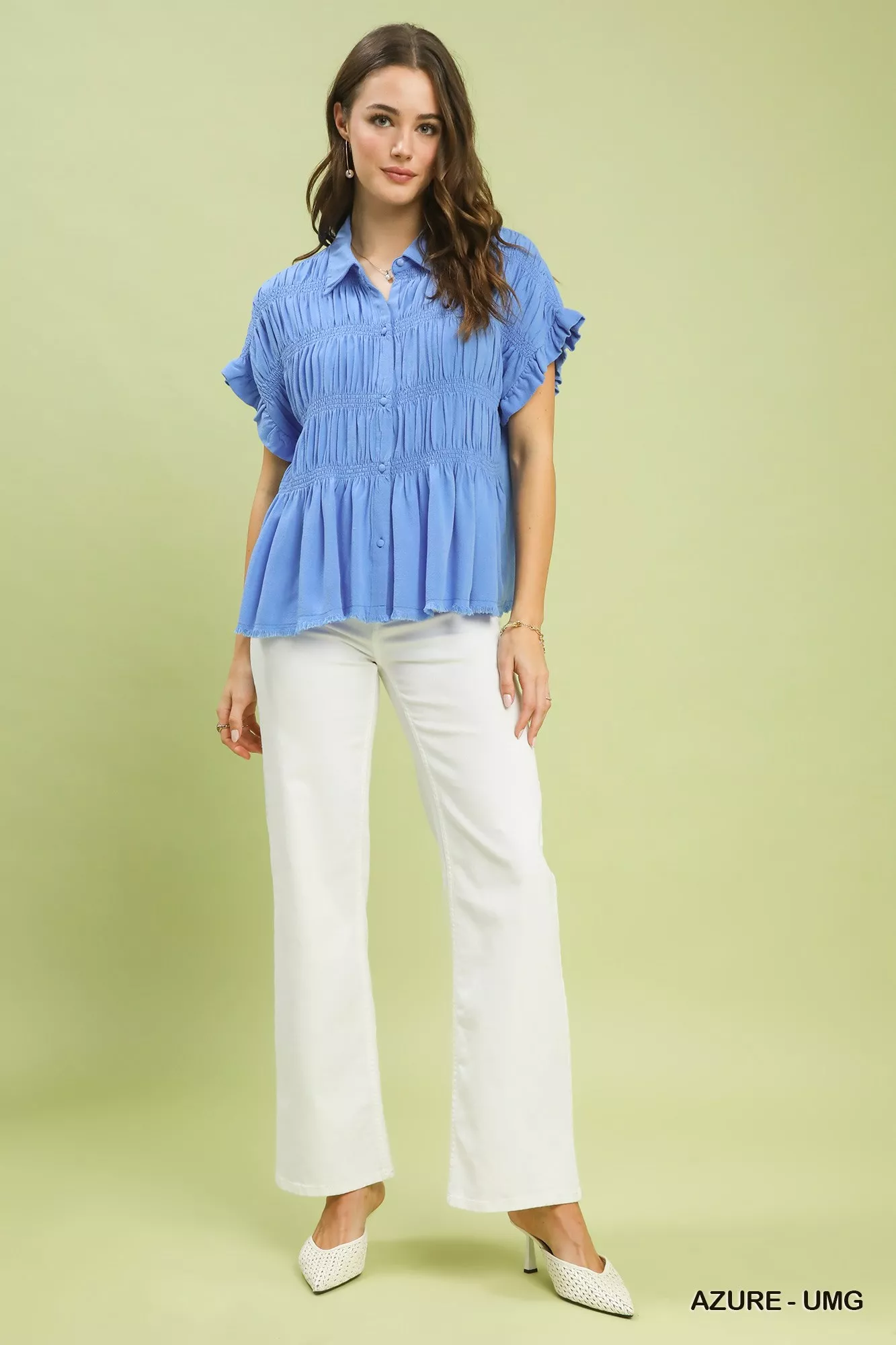 Umgee Washed Linen Blend Smocked Shirt - Image 5