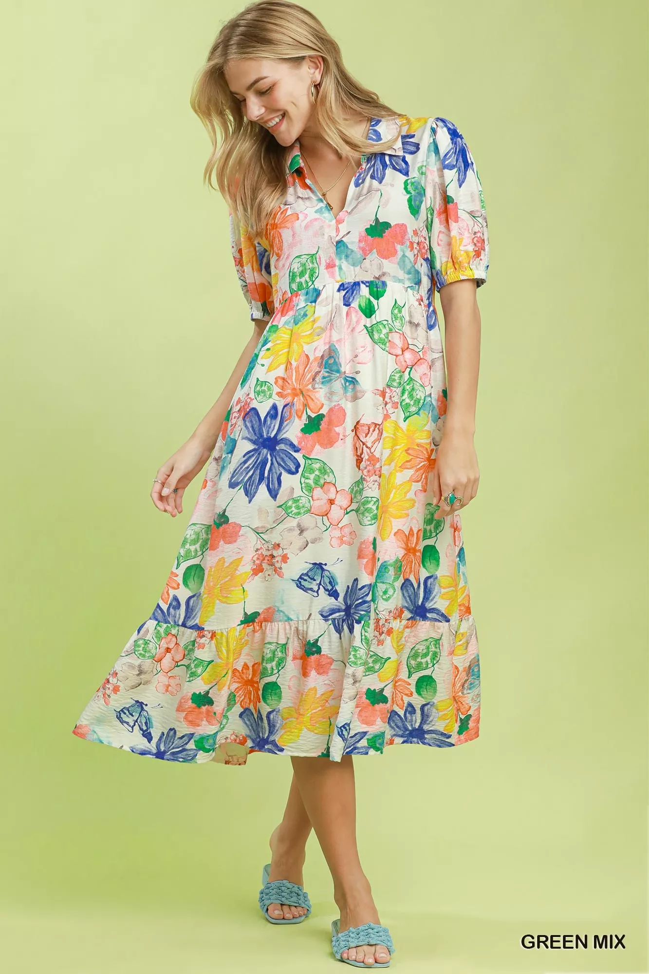 Umgee Watercolor Floral Tiered Midi Dress - Image 4